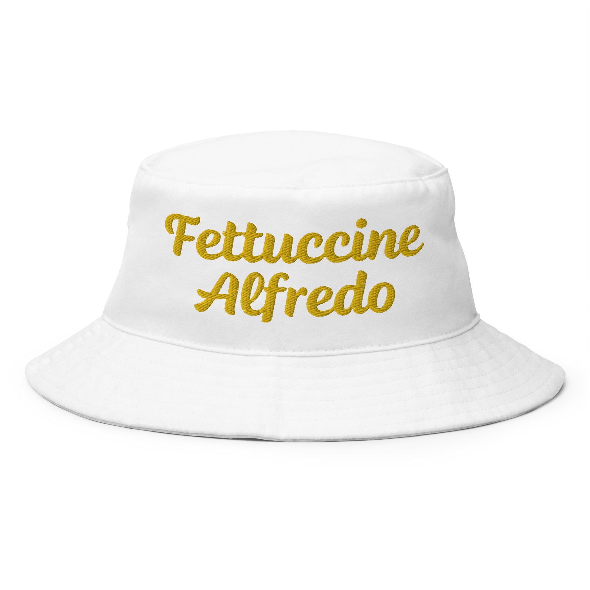 White Fettuccine Alfredo Bucket Hat - Eat your favorite pasta in this funny bucket hat! Our Fettuccine Alfredo Bucket Hat is made of 100% cotton and made just for you. This hat has a funny food design, expertly embroidered on the front and makes a great gift for Fettuccine Alfredo lovers and a unique everyday hat pasta enthusiasts of all kinds. Celebrate your favorite foods in our funky foodie clothing and accessories