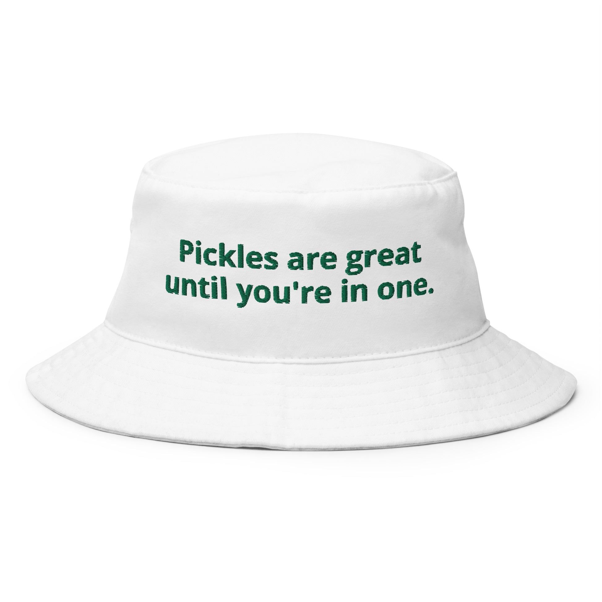 White Pickles Hat - Our Pickles Are Great Until You're In One Hat is comfortable and perfect for any occasion. It's a classic bucket hat with a funny pickle saying, expertly embroidered on the front. Make a statement and eat your favorite pickles in our funny bucket hat.