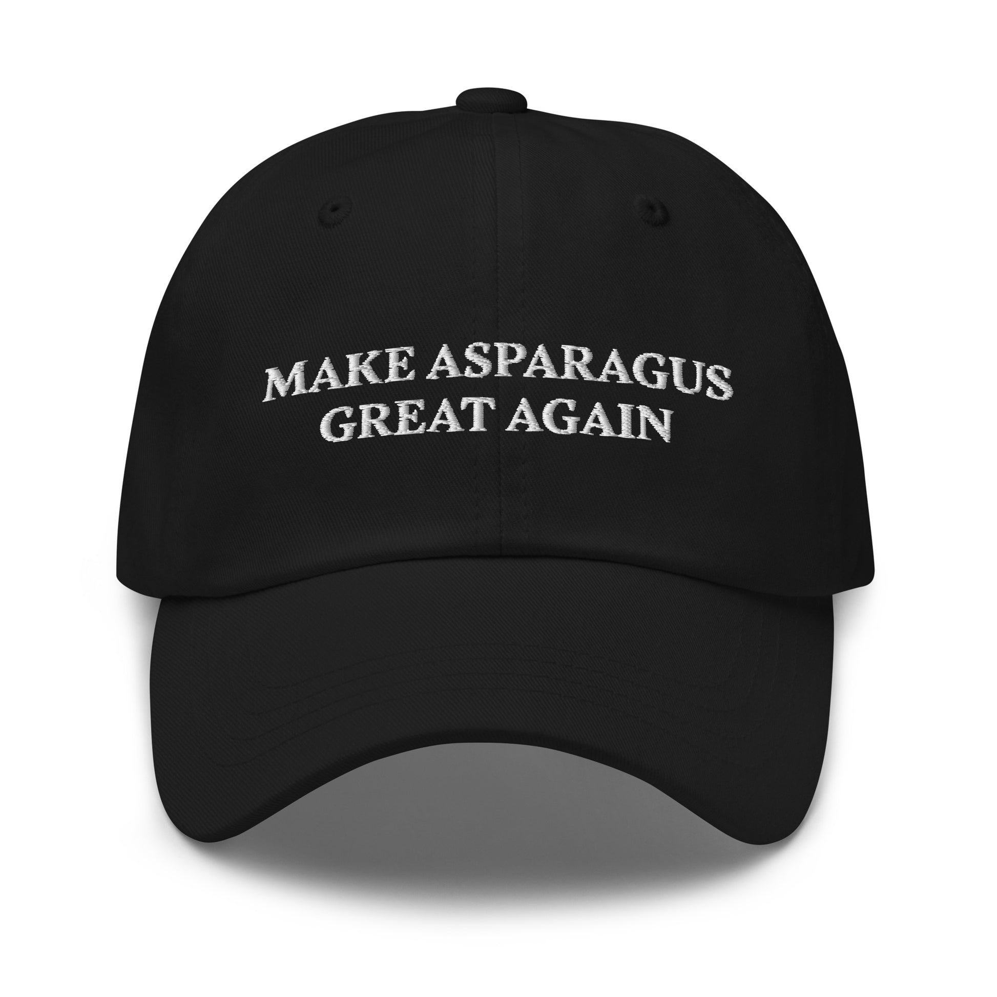 Make Asparagus Great Again Black Sarcastic Maga Dad Hat from Nina's Funky Shop by ninanush - MAKE ASPARAGUS GREAT AGAIN! This dad hat is not just for dads! Our Make Asparagus Great Again Hat is a sarcastic MAGA hat for foodies of all kinds. This classic unisex dad hat has a low profile, adjustable strap, and a curved visor. Wear this embroidered funny MAGA hat and add a little personality to your everyday style.