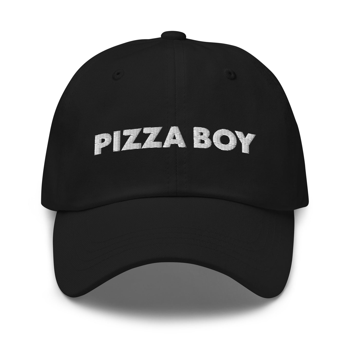 Black Pizza Boy Hat - This Pizza Boy Hat is comfortable, comes in a variety of colors and is the perfect accessory for everyday wear. It's a classic cotton dad hat with an adjustable strap and the words "Pizza Boy", expertly embroidered on the front. 