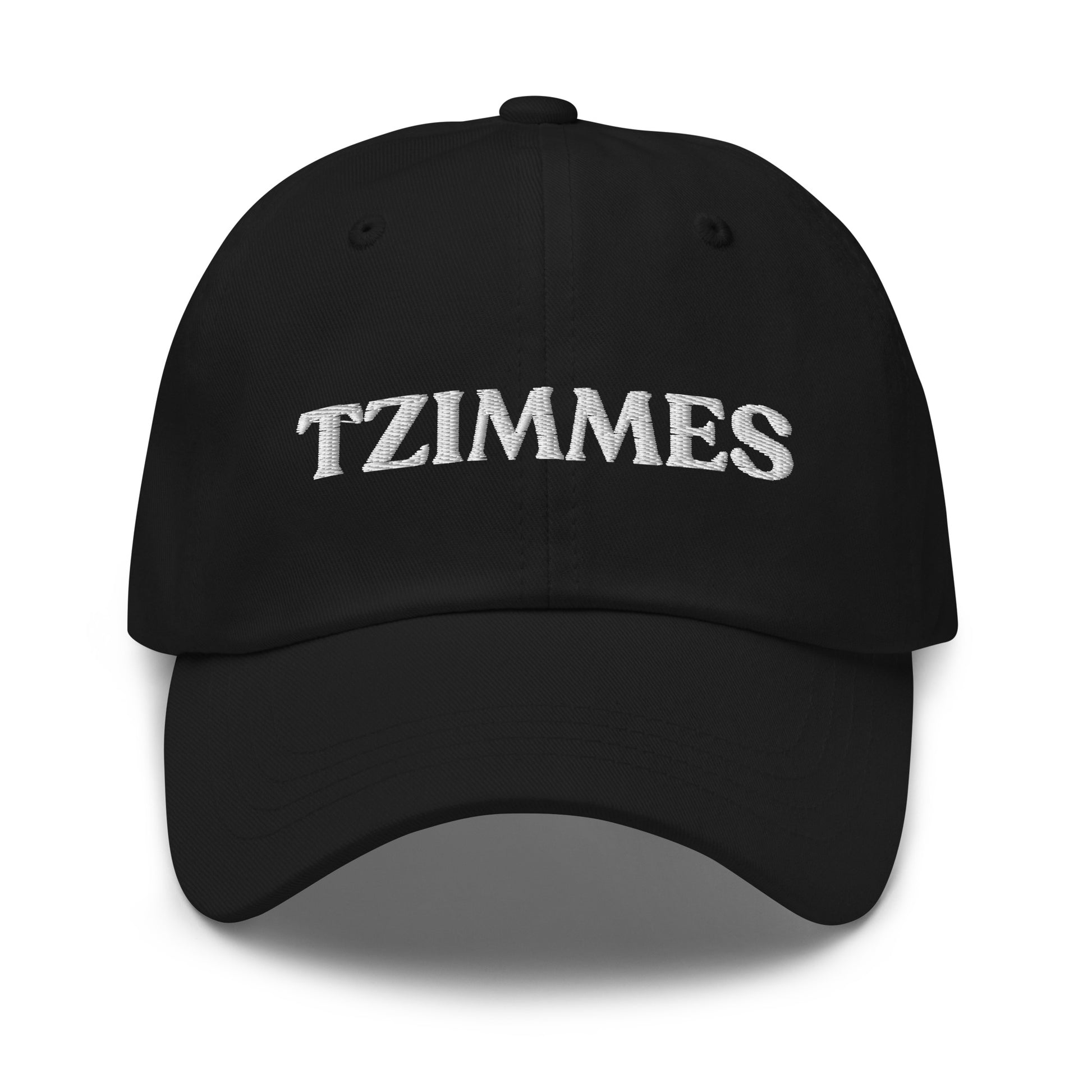 Black Tzimmes Hat - This embroidered Tzimmes Hat is made of comfortable cotton with an adjustable closure and the word "Tzimmes", expertly embroidered on the front. Make a statement and eat your favorite traditional foods in our funny foodie clothing and accessories. This hat is customizable! Just add your custom text and create your new favorite dad hat, right here with us!