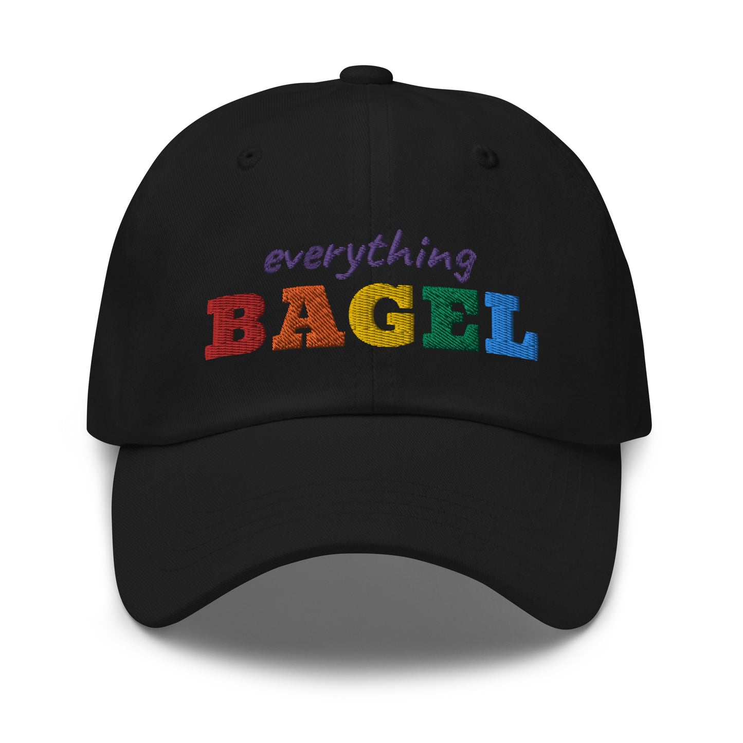 Black Dad Hat with Pride Design - Our Everything Bagel Pride Dad Hat is comfortable and made of 100% cotton. It's a classic dad hat with a funny rainbow design for pride. Perfect for everyday streetwear, this unique pride hat is sure to turn heads. Looking for something personalized? Shoot us an email!