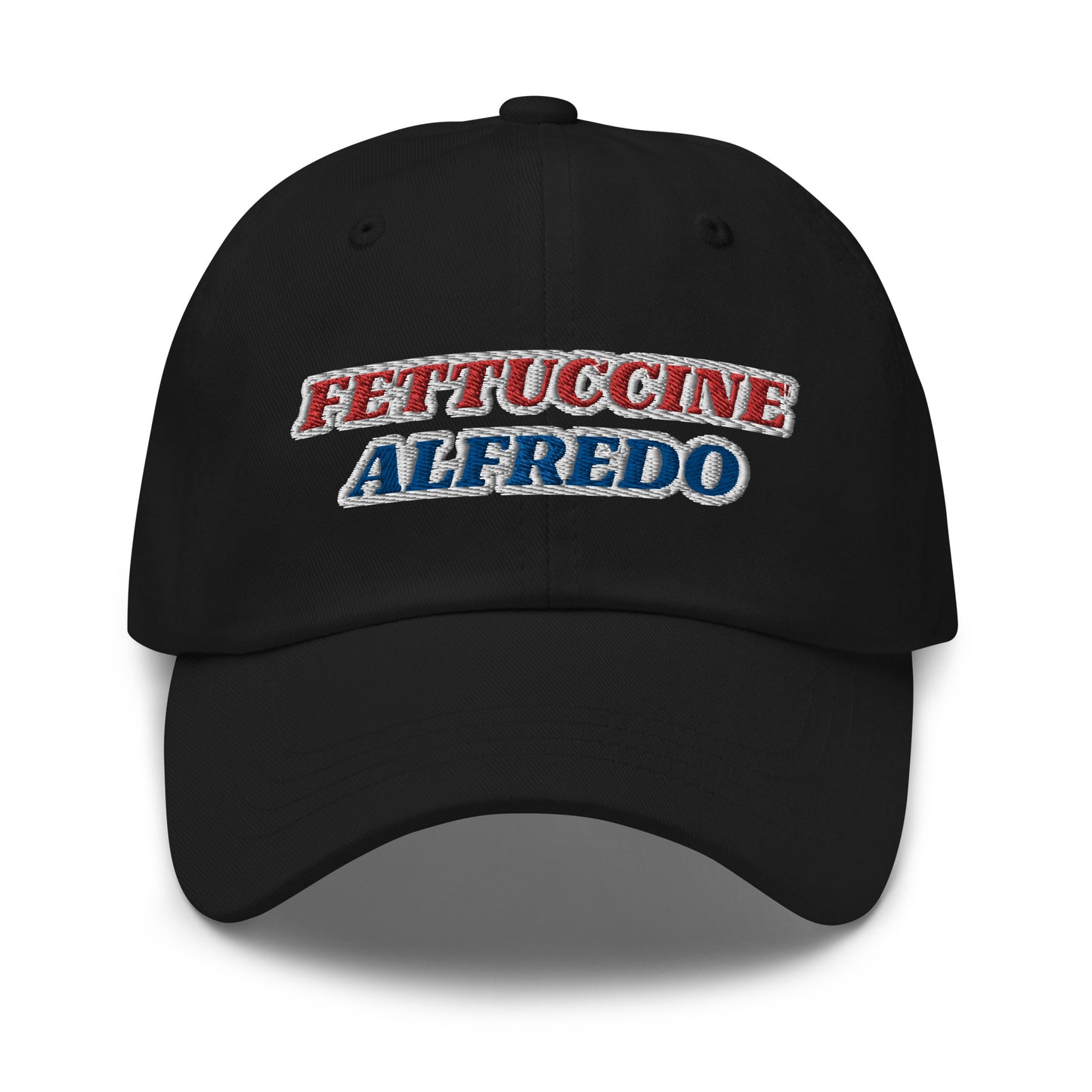 Black Fettuccine Alfredo Hat - Make a statement in our red, white and blue Fettuccine Alfredo hat. It's a classic dad hat with a red, white, and blue design, expertly embroidered on the front. Perfect for everyday streetwear or a funny fourth of July hat, it's comfortable and made just for you.