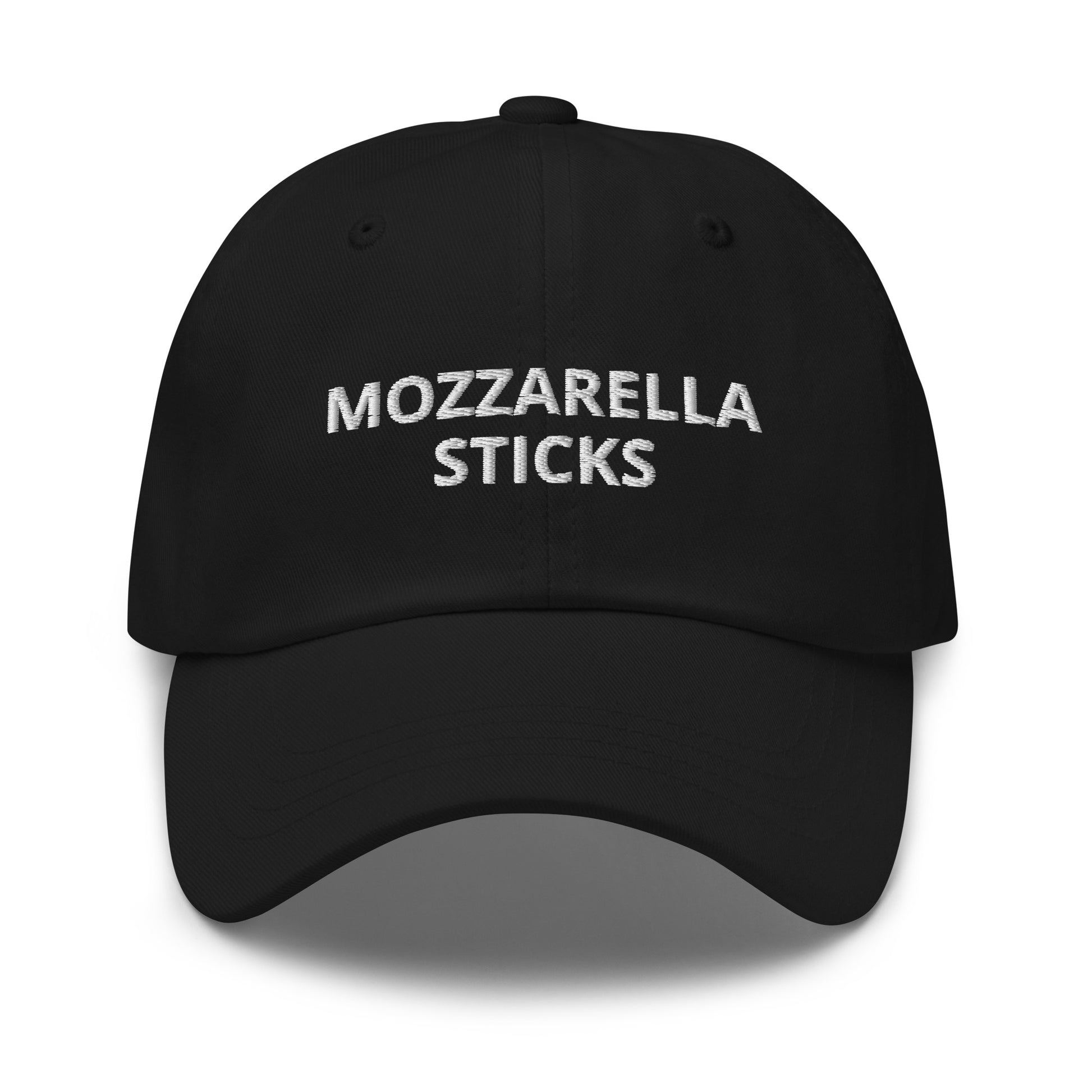 Black Mozzarella sticks Hat - Love mozzarella sticks? Our Mozzarella Sticks Hat is comfortable, adjustable and made just for you. Eat mozzarella sticks in style or give is as a gift for your favorite cheese loving foodie.