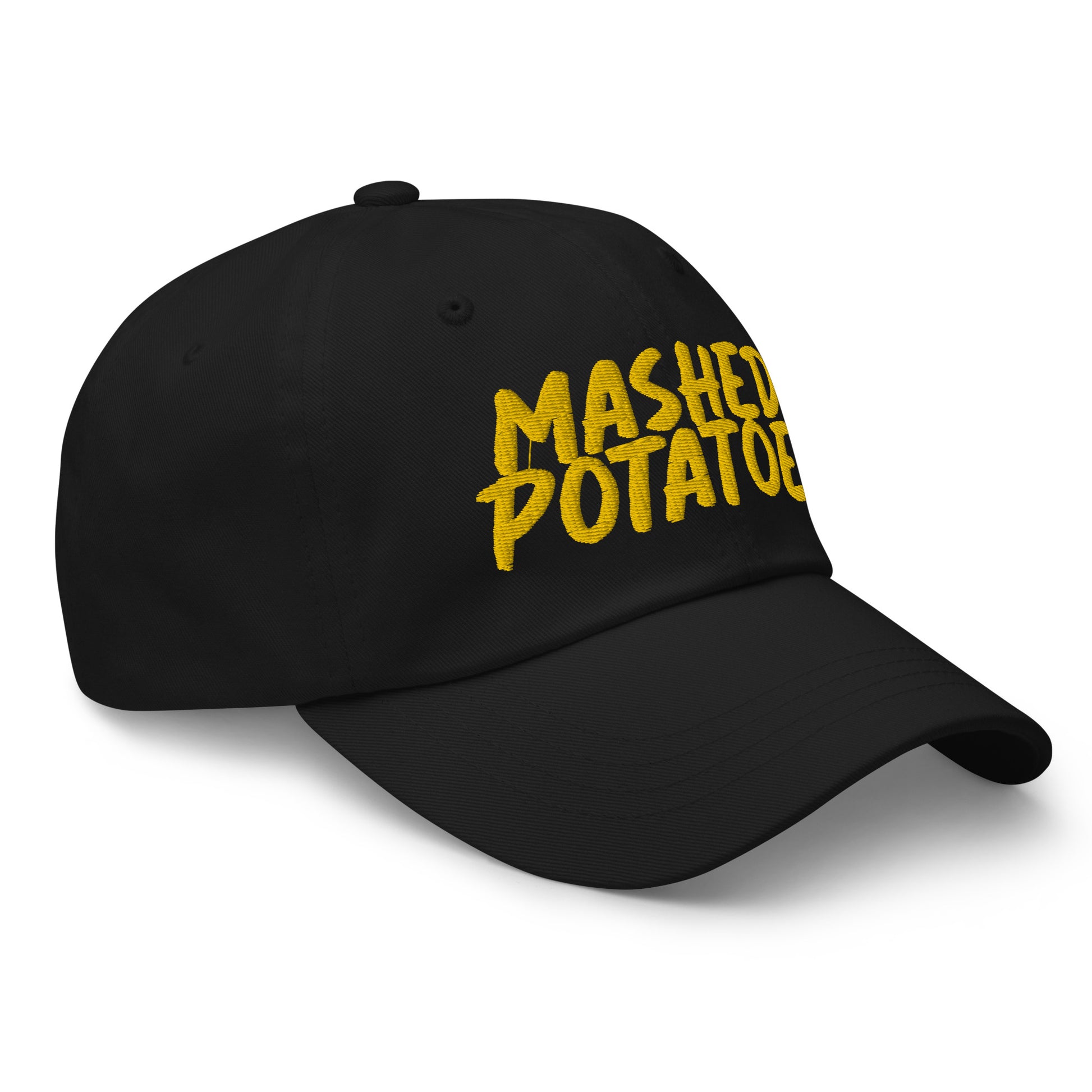 Black Mashed Potatoes Hat - Love mashed potatoes? Our Mashed Potato Hat is comfortable, adjustable and comes in a variety of colors with "Mashed Potatoes", expertly embroidered just for you. Looking for something personalized? Shoot us a message! 
