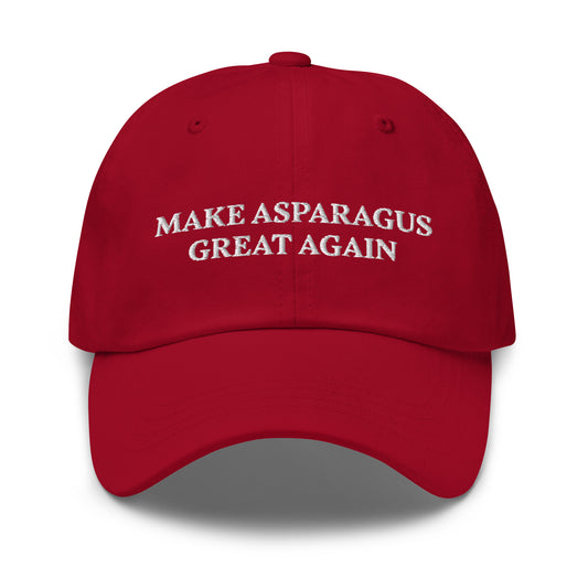 Make Asparagus Great Again Red Sarcastic Maga Dad Hat from Nina's Funky Shop by ninanush - MAKE ASPARAGUS GREAT AGAIN! This dad hat is not just for dads! Our Make Asparagus Great Again Hat is a sarcastic MAGA hat for foodies of all kinds. This classic unisex dad hat has a low profile, adjustable strap, and a curved visor. Wear this embroidered funny MAGA hat and add a little personality to your everyday style. 