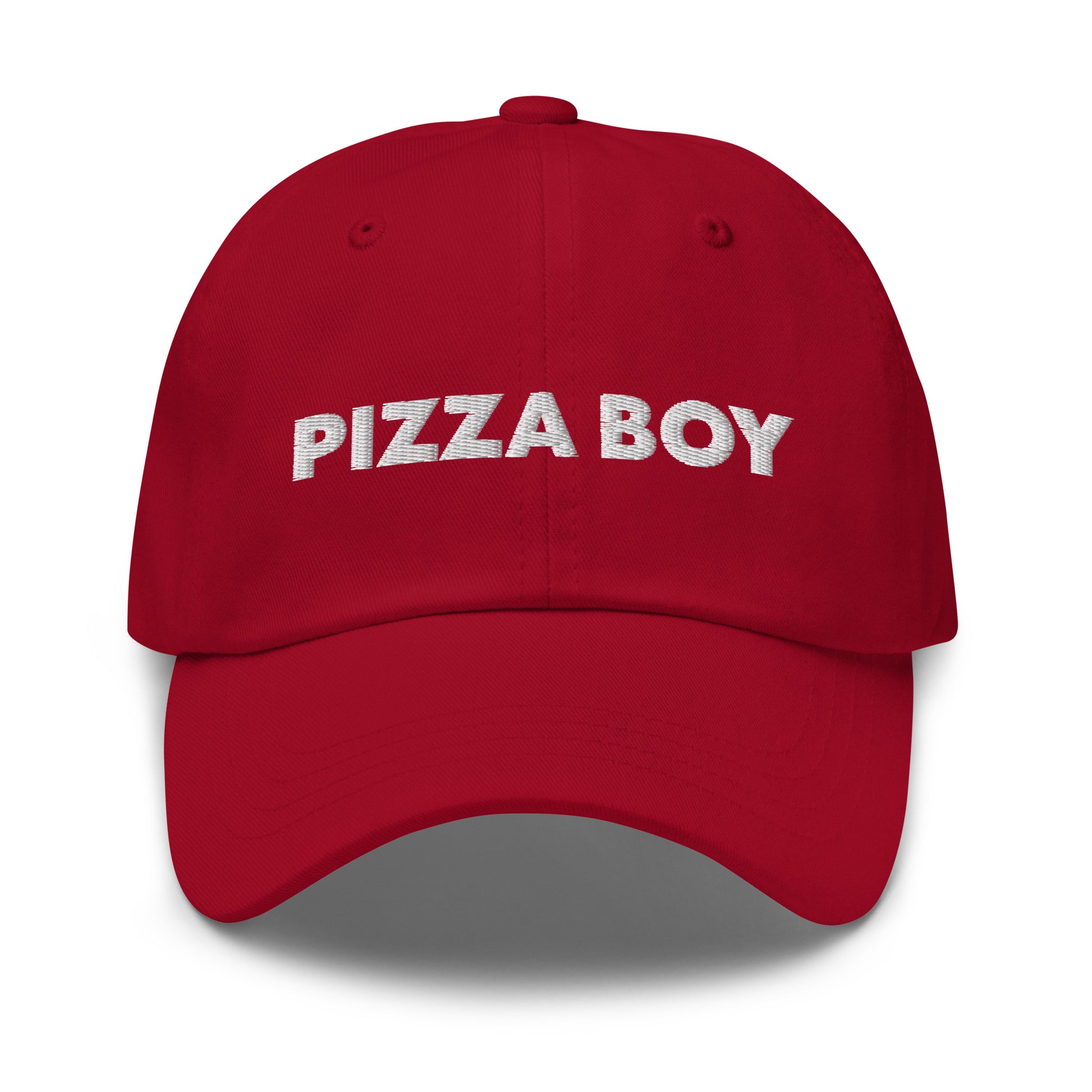 Red Pizza Boy Hat - This Pizza Boy Hat is comfortable, comes in a variety of colors and is the perfect accessory for everyday wear. It's a classic cotton dad hat with an adjustable strap and the words "Pizza Boy", expertly embroidered on the front.