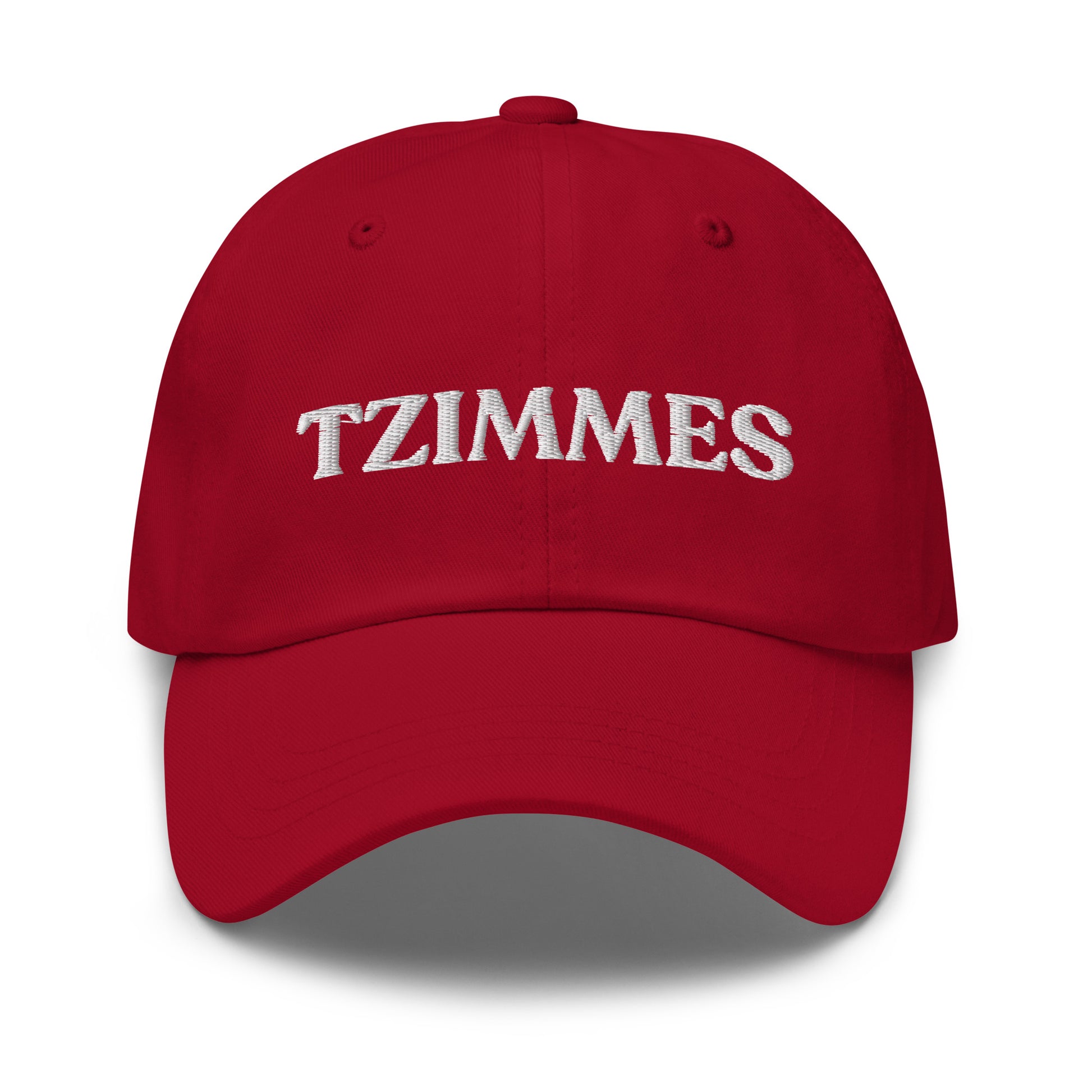 Red Funny Passover Tzimmes Hat - This embroidered Tzimmes Hat is made of comfortable cotton with an adjustable closure and the word "Tzimmes", expertly embroidered on the front. Make a statement and eat your favorite traditional foods in our funny foodie clothing and accessories. This hat is customizable! Just add your custom text and create your new favorite dad hat, right here with us!