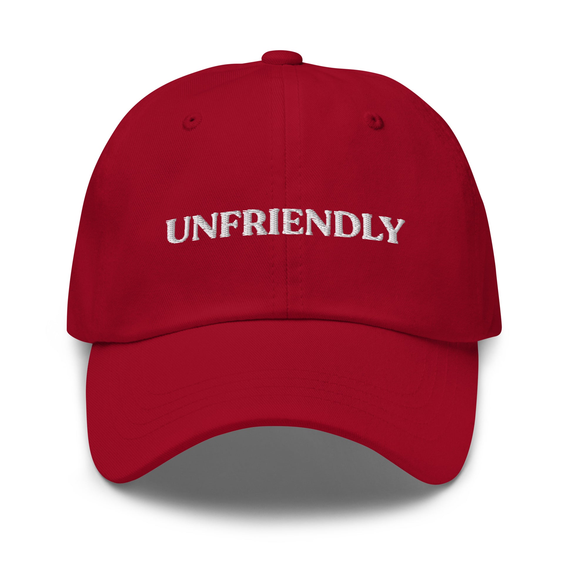 Red Unfriendly Hat - Are you unfriendly? Want to just be left alone? Our unfriendly dad hat is just what you need! This funny dad is made of comfortable cotton with an adjustable closure and the word "unfriendly", expertly embroidered on the front. It's a funny gift for introverts and a classic hat for everyday style.