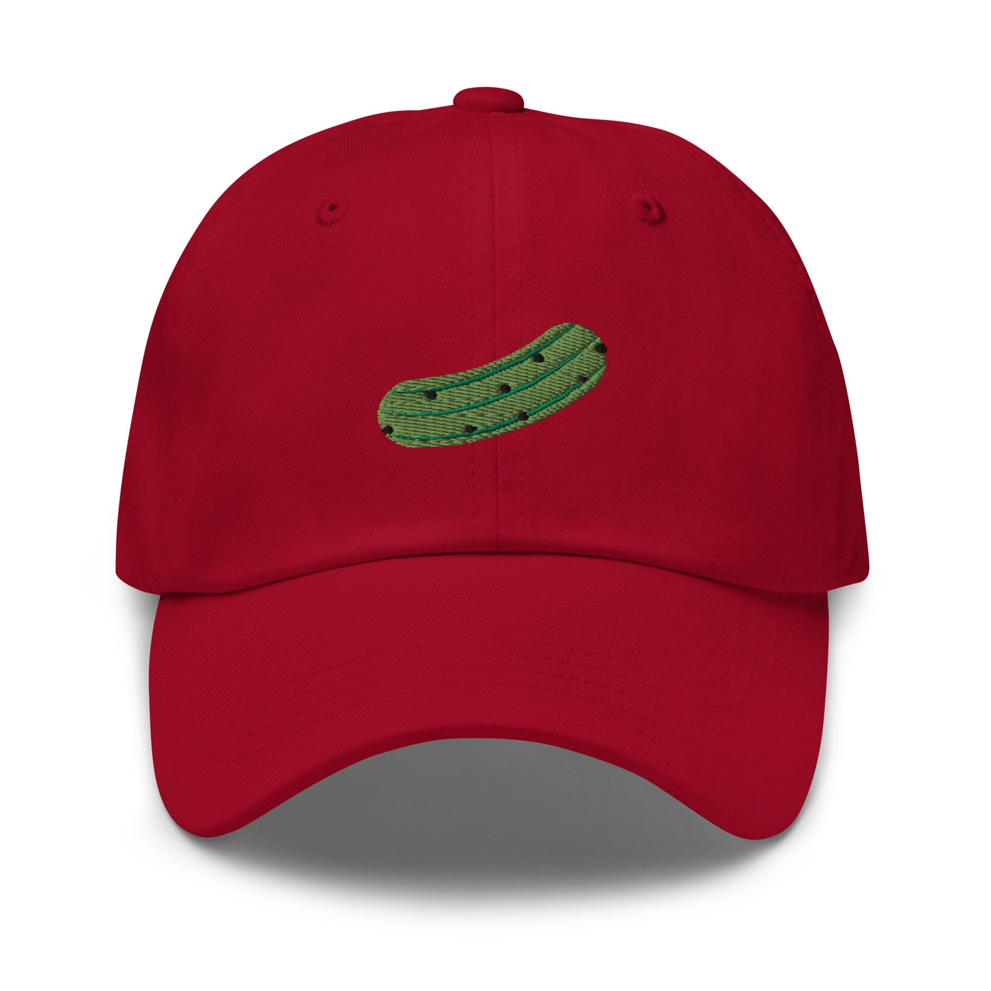 Red Pickle Hat - Love pickles? Looking for a funny gift for a pickle friend? This embroidered pickle hat is made of comfortable cotton with an adjustable closure and a green pickle the front. Make a statement and eat your favorite pickles in this funny foodie accessory.