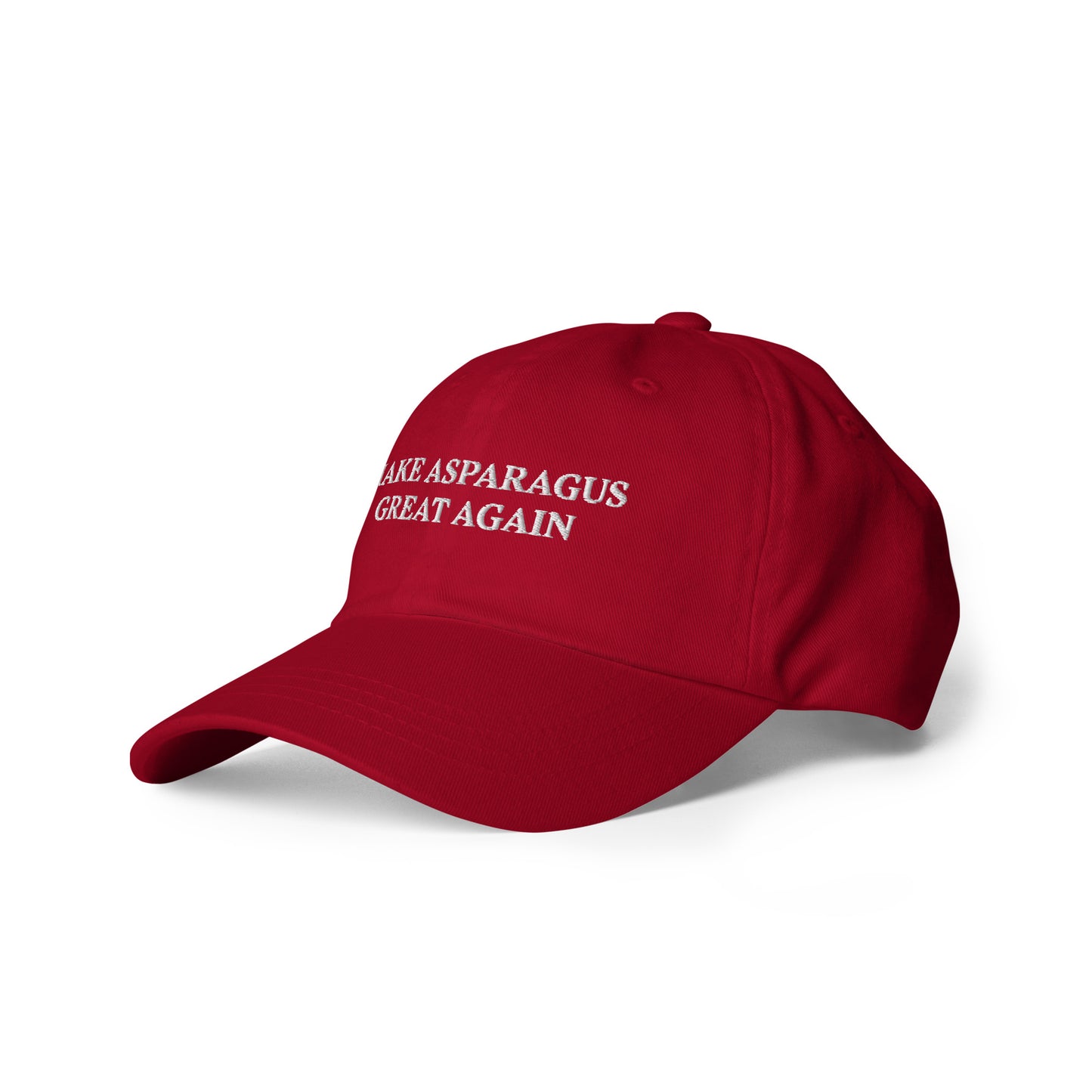 Make Asparagus Great Again Red Sarcastic Maga Dad Hat from Nina's Funky Shop by ninanush - MAKE ASPARAGUS GREAT AGAIN! This dad hat is not just for dads! Our Make Asparagus Great Again Hat is a sarcastic MAGA hat for foodies of all kinds. This classic unisex dad hat has a low profile, adjustable strap, and a curved visor. Wear this embroidered funny MAGA hat and add a little personality to your everyday style.