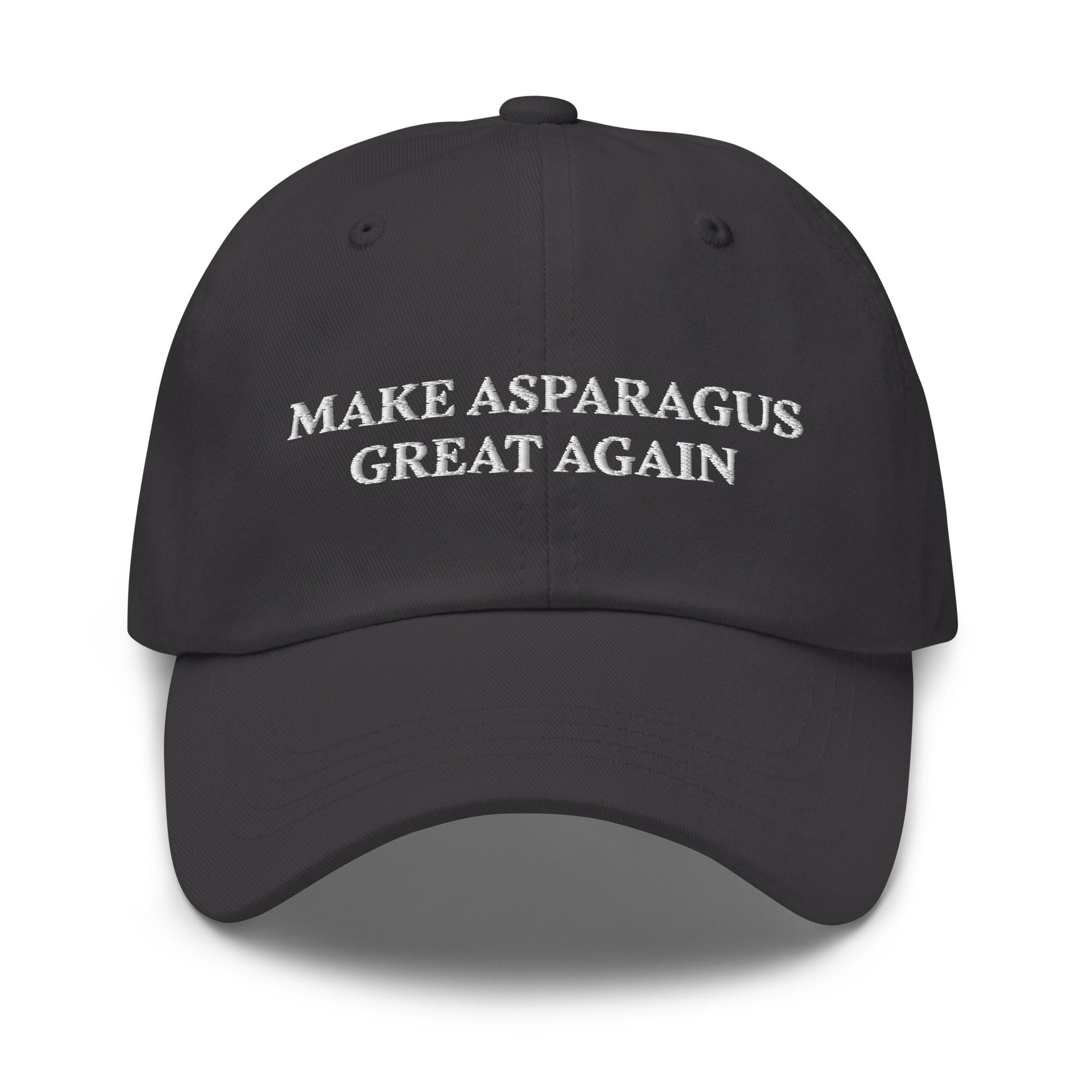 Make Asparagus Great Again Dark Gray Sarcastic Maga Dad Hat from Nina's Funky Shop by ninanush - MAKE ASPARAGUS GREAT AGAIN! This dad hat is not just for dads! Our Make Asparagus Great Again Hat is a sarcastic MAGA hat for foodies of all kinds. This classic unisex dad hat has a low profile, adjustable strap, and a curved visor. Wear this embroidered funny MAGA hat and add a little personality to your everyday style.