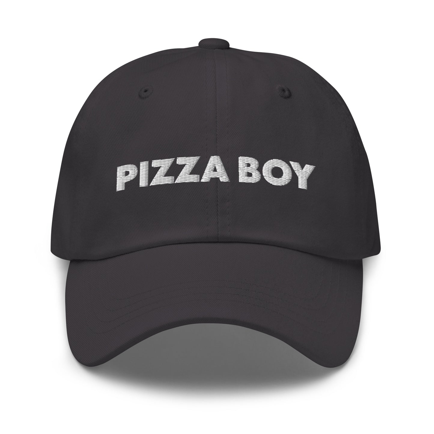 Gray Pizza Boy Hat - This Pizza Boy Hat is comfortable, comes in a variety of colors and is the perfect accessory for everyday wear. It's a classic cotton dad hat with an adjustable strap and the words "Pizza Boy", expertly embroidered on the front.