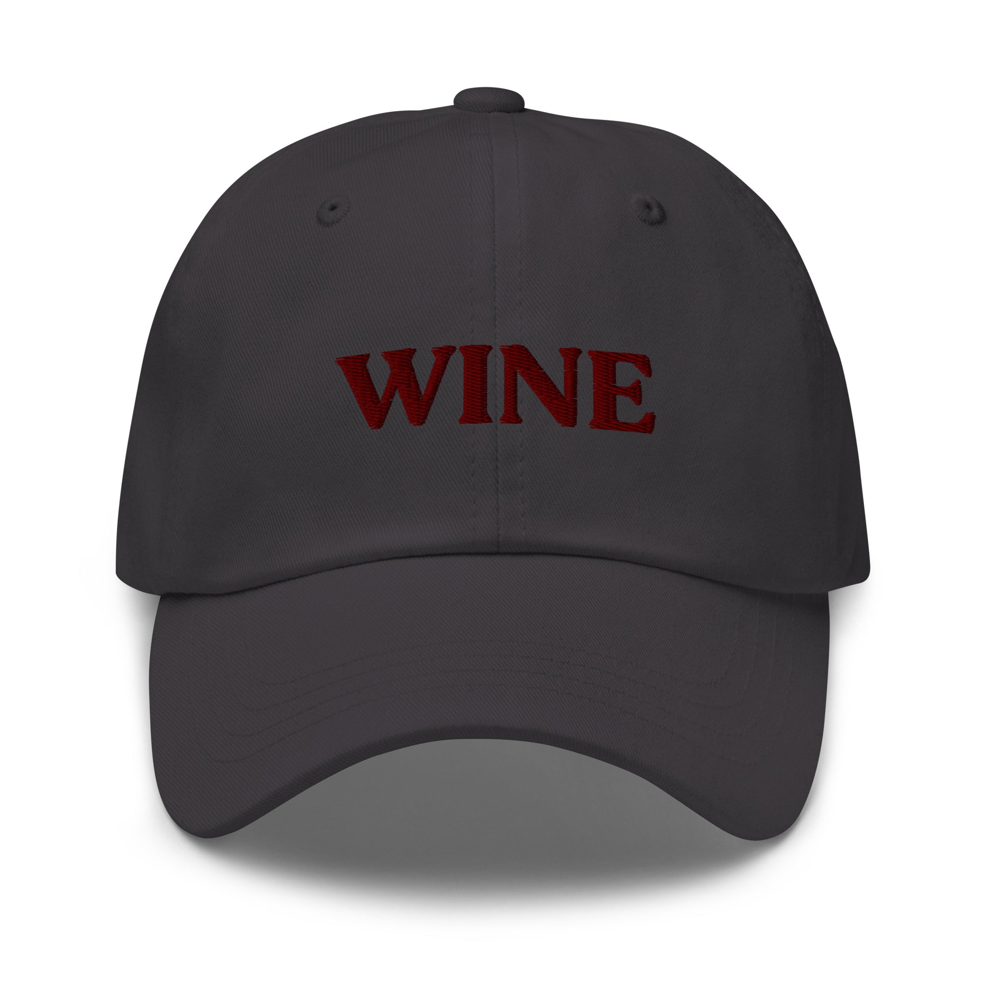 Dark Gray Wine Hat - This embroidered wine hat is made of comfortable cotton with an adjustable closure and "wine", expertly embroidered on the front. Make a statement and drink your favorite wine in our funny foodie clothing and accessories. Looking for something personalized? Shoot us an email!