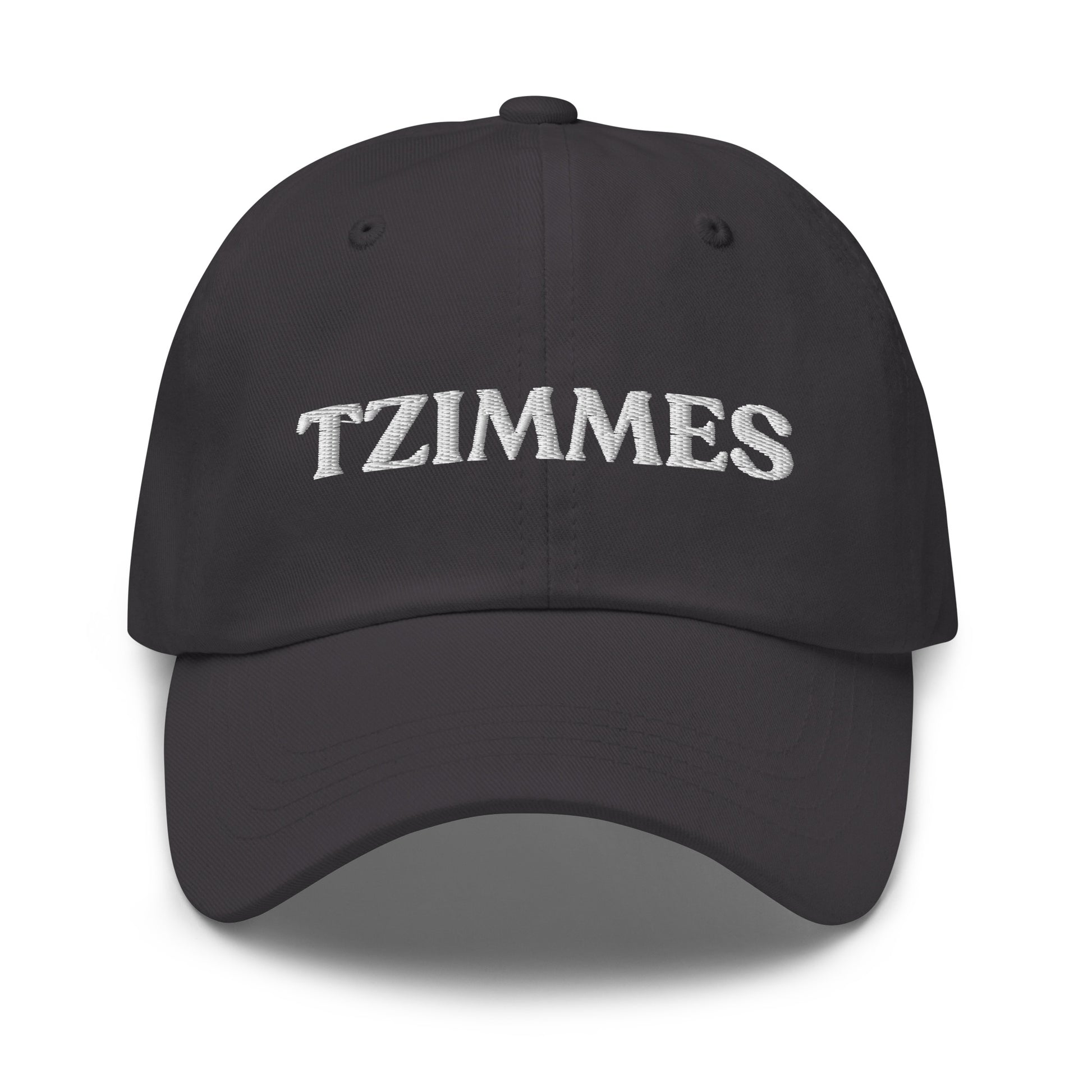 Dark Gray Passover Tzimmes Hat - This embroidered Tzimmes Hat is made of comfortable cotton with an adjustable closure and the word "Tzimmes", expertly embroidered on the front. Make a statement and eat your favorite traditional foods in our funny foodie clothing and accessories. This hat is customizable! Just add your custom text and create your new favorite dad hat, right here with us!