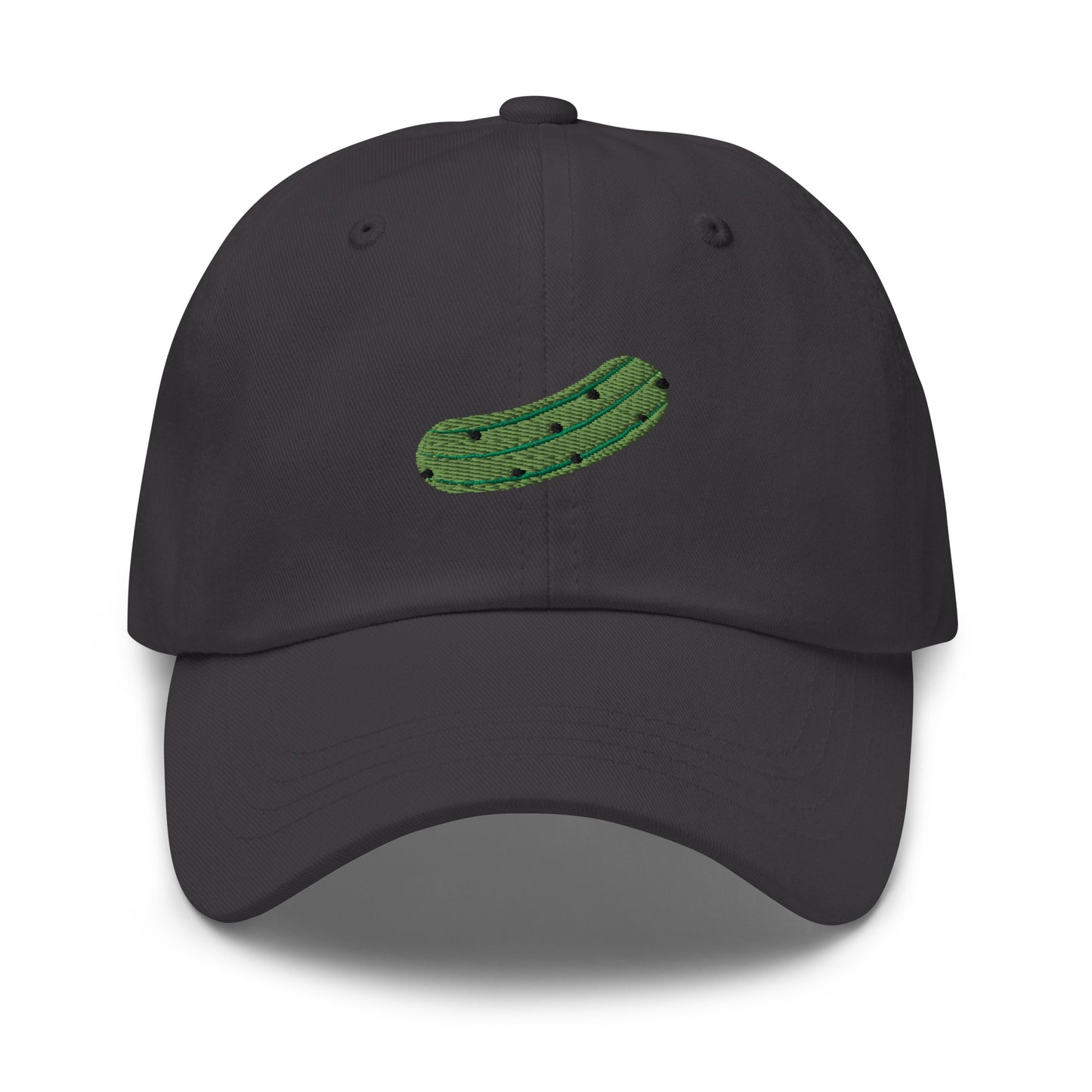 Dark Gray Love pickles? Looking for a funny gift for a pickle friend? This embroidered pickle hat is made of comfortable cotton with an adjustable closure and a green pickle the front. Make a statement and eat your favorite pickles in this funny foodie accessory.