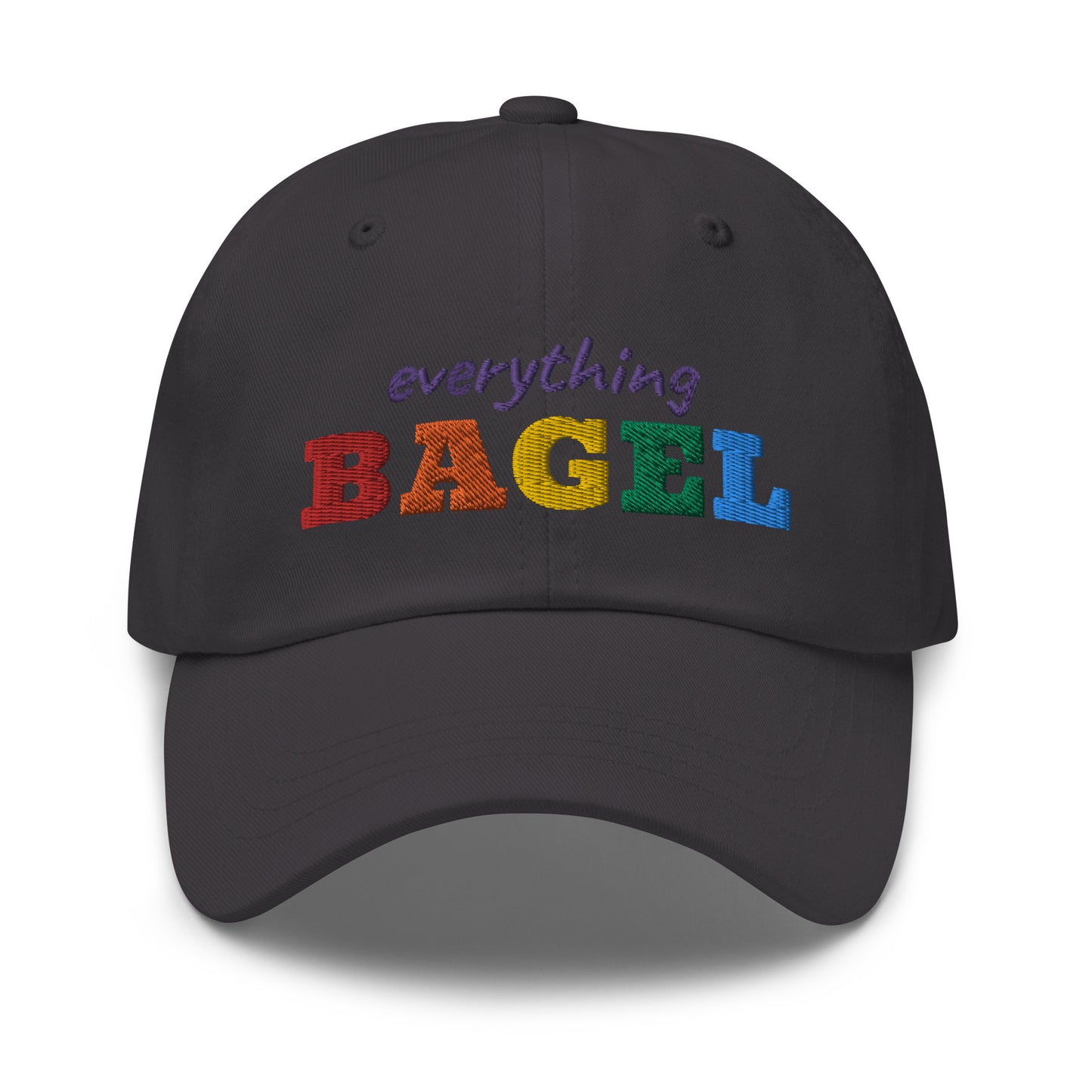 Gray Dad Hat with Pride Design - Our Everything Bagel Pride Dad Hat is comfortable and made of 100% cotton. It's a classic dad hat with a funny rainbow design for pride. Perfect for everyday streetwear, this unique pride hat is sure to turn heads. Looking for something personalized? Shoot us an email!