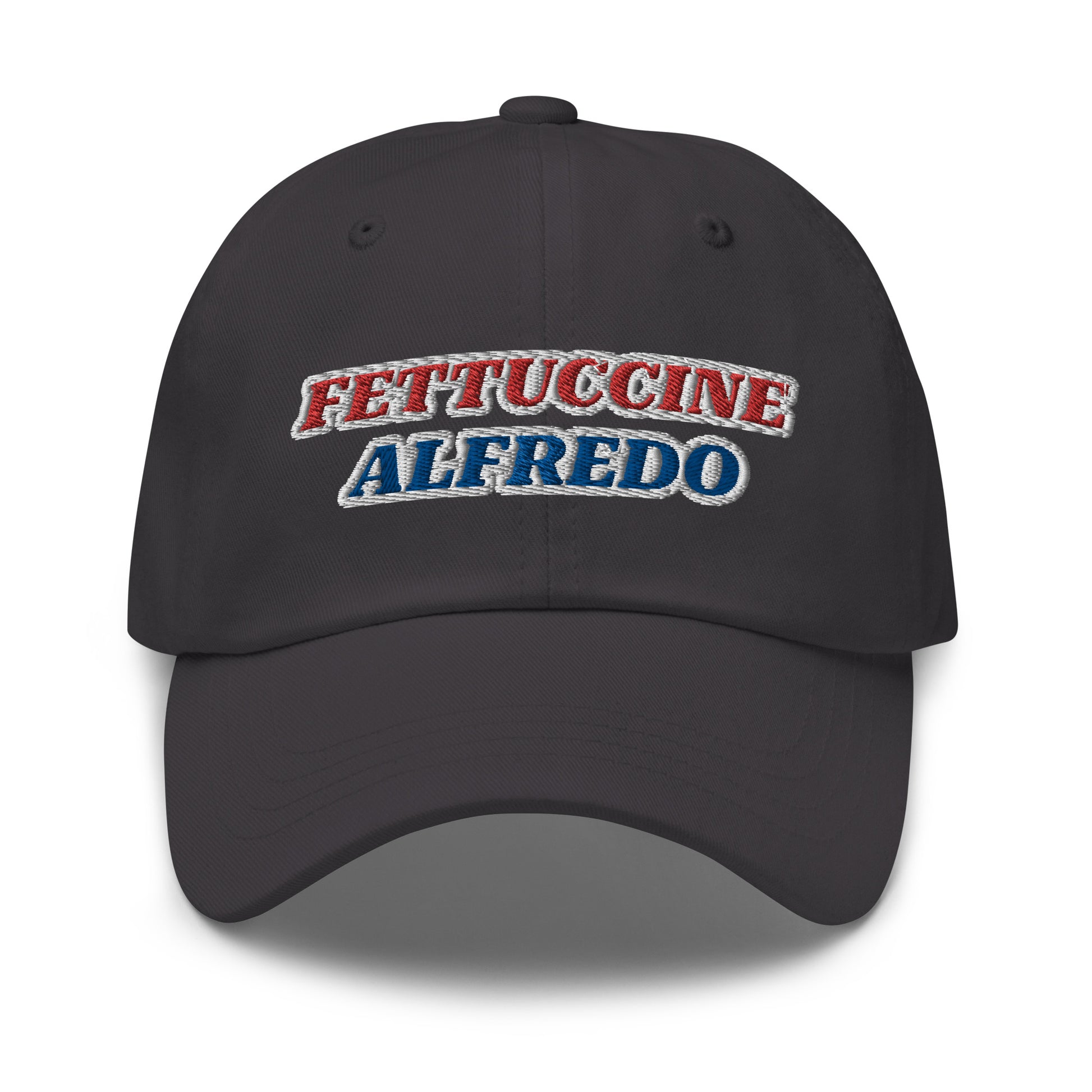 Gray Fettuccine Alfredo Hat - Make a statement in our red, white and blue Fettuccine Alfredo hat. It's a classic dad hat with a red, white, and blue design, expertly embroidered on the front. Perfect for everyday streetwear or a funny fourth of July hat, it's comfortable and made just for you.