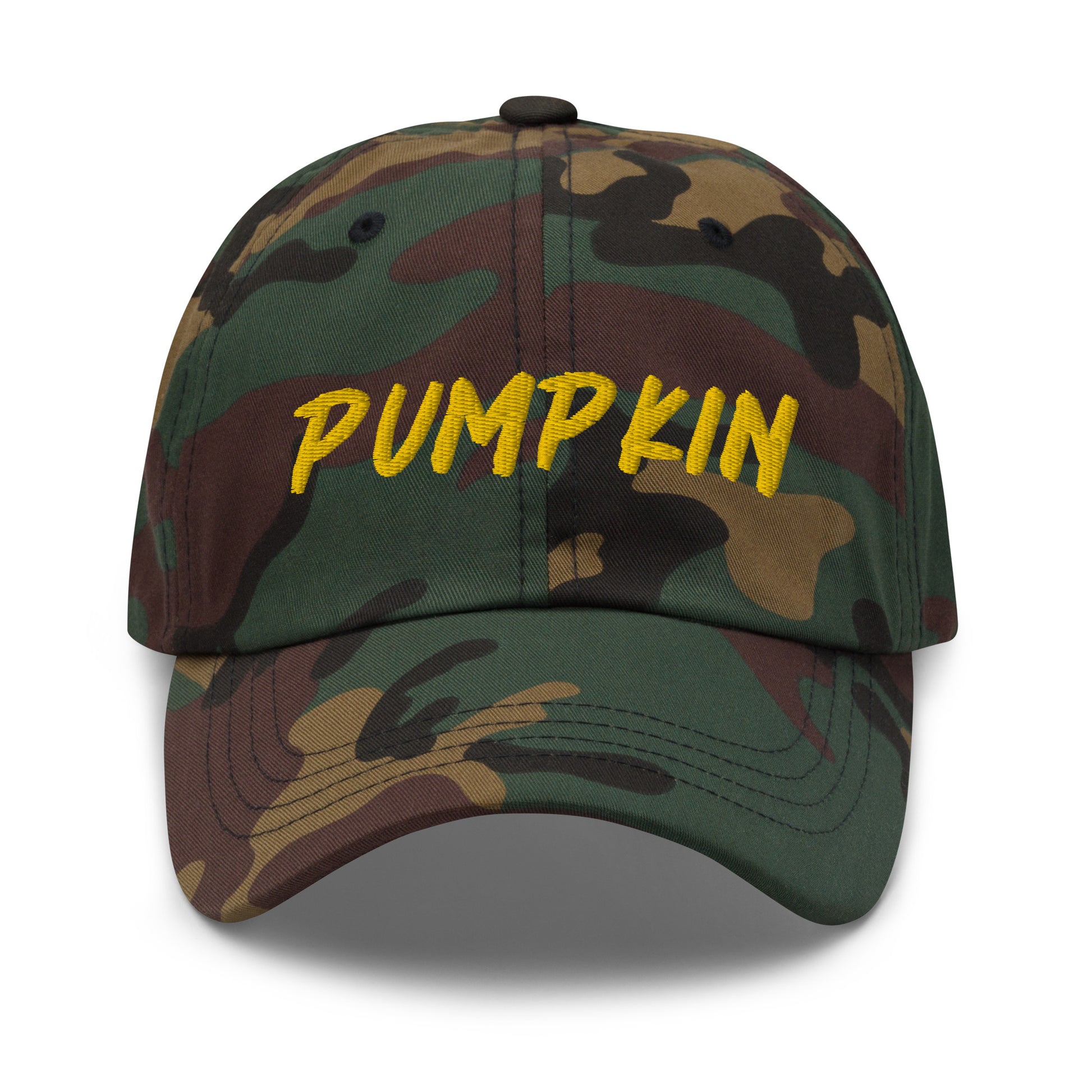 Camo  pumpkin dad hat from Nina's Funky Shop by ninanush - This pumpkin dad hat is not just for dads! It's a unisex dad hat, embroidered with the word "pumpkin" on the front. A classic dad hat for spooky season enthusiasts and pumpkin lovers of all kinds. Add a little personality to your everyday style with our unique pumpkin hat, designed by Nina and made just for you.