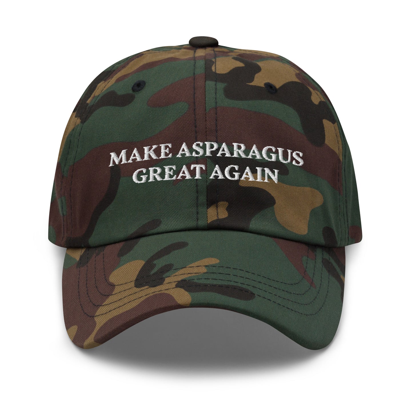 Make Asparagus Great Again Camo Sarcastic Maga Dad Hat from Nina's Funky Shop by ninanush - MAKE ASPARAGUS GREAT AGAIN! This dad hat is not just for dads! Our Make Asparagus Great Again Hat is a sarcastic MAGA hat for foodies of all kinds. This classic unisex dad hat has a low profile, adjustable strap, and a curved visor. Wear this embroidered funny MAGA hat and add a little personality to your everyday style.