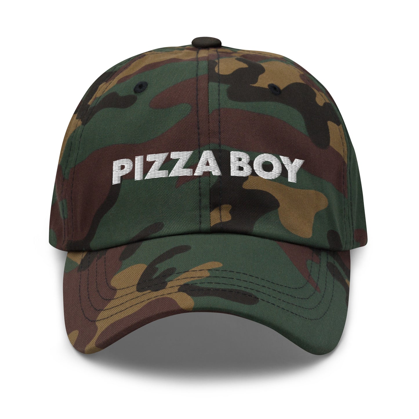 Camo Pizza Boy Hat - This Pizza Boy Hat is comfortable, comes in a variety of colors and is the perfect accessory for everyday wear. It's a classic cotton dad hat with an adjustable strap and the words "Pizza Boy", expertly embroidered on the front.