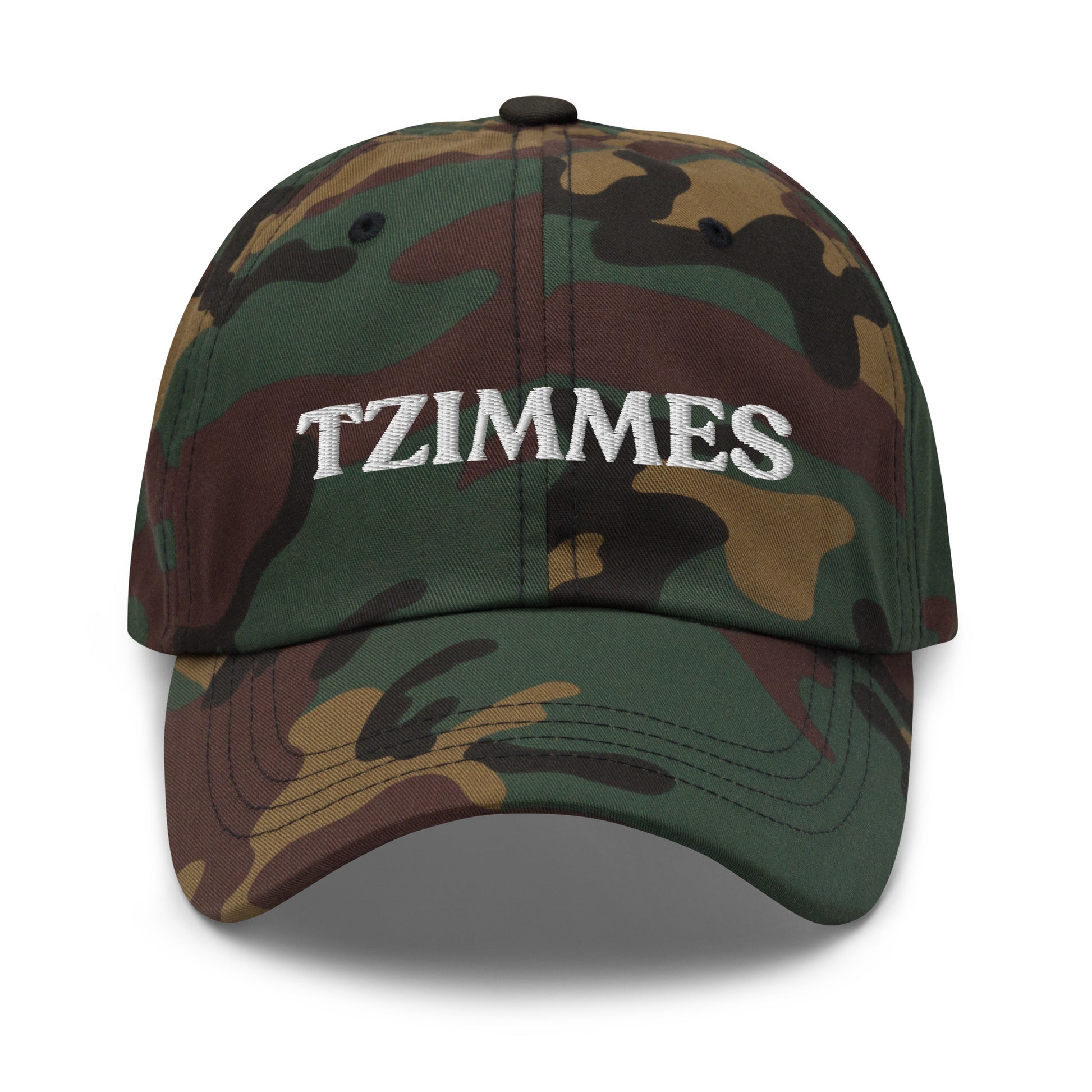 Camo Funny Passover Tzimmes Hat - This embroidered Tzimmes Hat is made of comfortable cotton with an adjustable closure and the word "Tzimmes", expertly embroidered on the front. Make a statement and eat your favorite traditional foods in our funny foodie clothing and accessories. This hat is customizable! Just add your custom text and create your new favorite dad hat, right here with us!