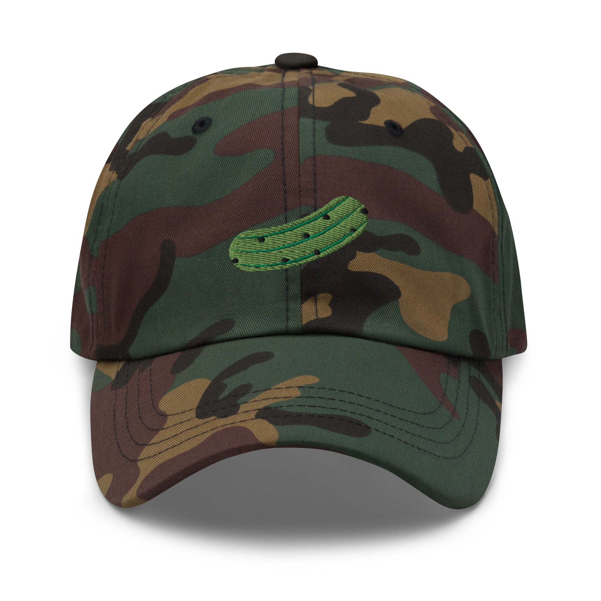 Camo Pickle Hat - Love pickles? Looking for a funny gift for a pickle friend? This embroidered pickle hat is made of comfortable cotton with an adjustable closure and a green pickle the front. Make a statement and eat your favorite pickles in this funny foodie accessory.