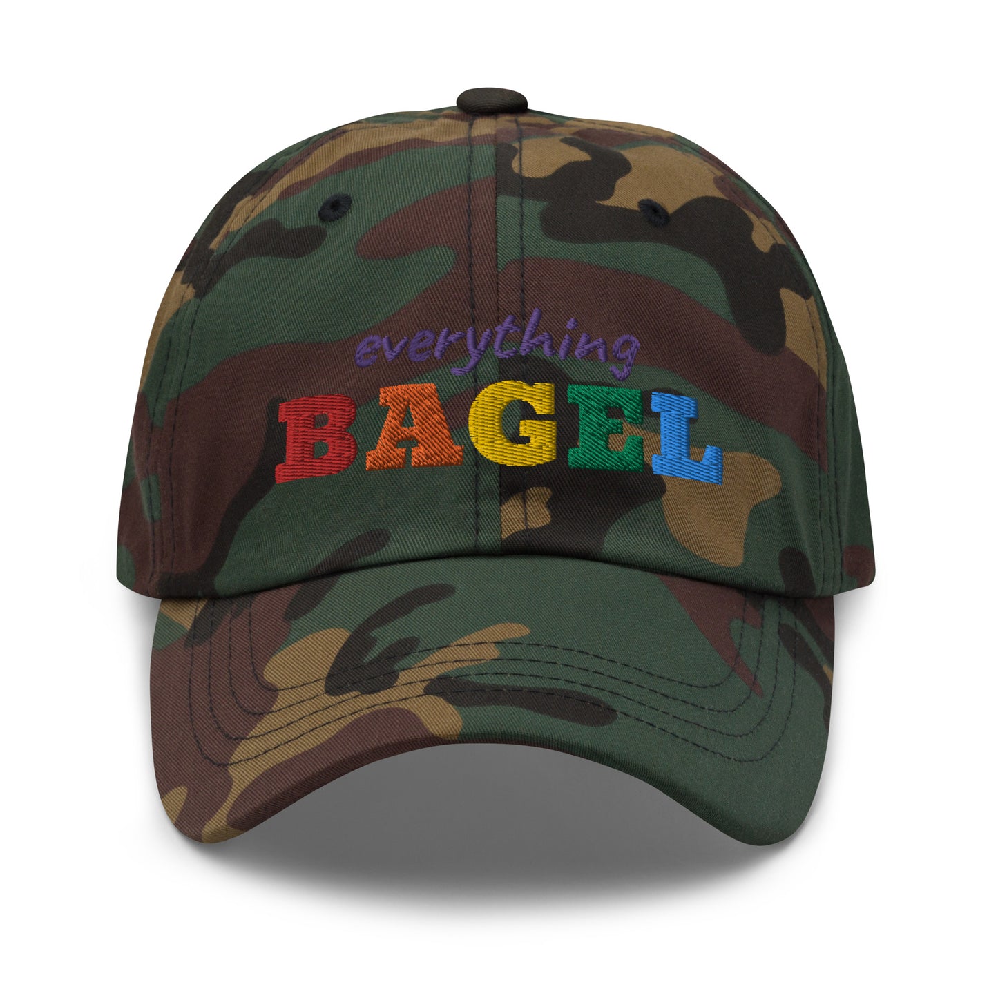 Camo Dad Hat with Pride Design - Our Everything Bagel Pride Dad Hat is comfortable and made of 100% cotton. It's a classic dad hat with a funny rainbow design for pride. Perfect for everyday streetwear, this unique pride hat is sure to turn heads. Looking for something personalized? Shoot us an email!