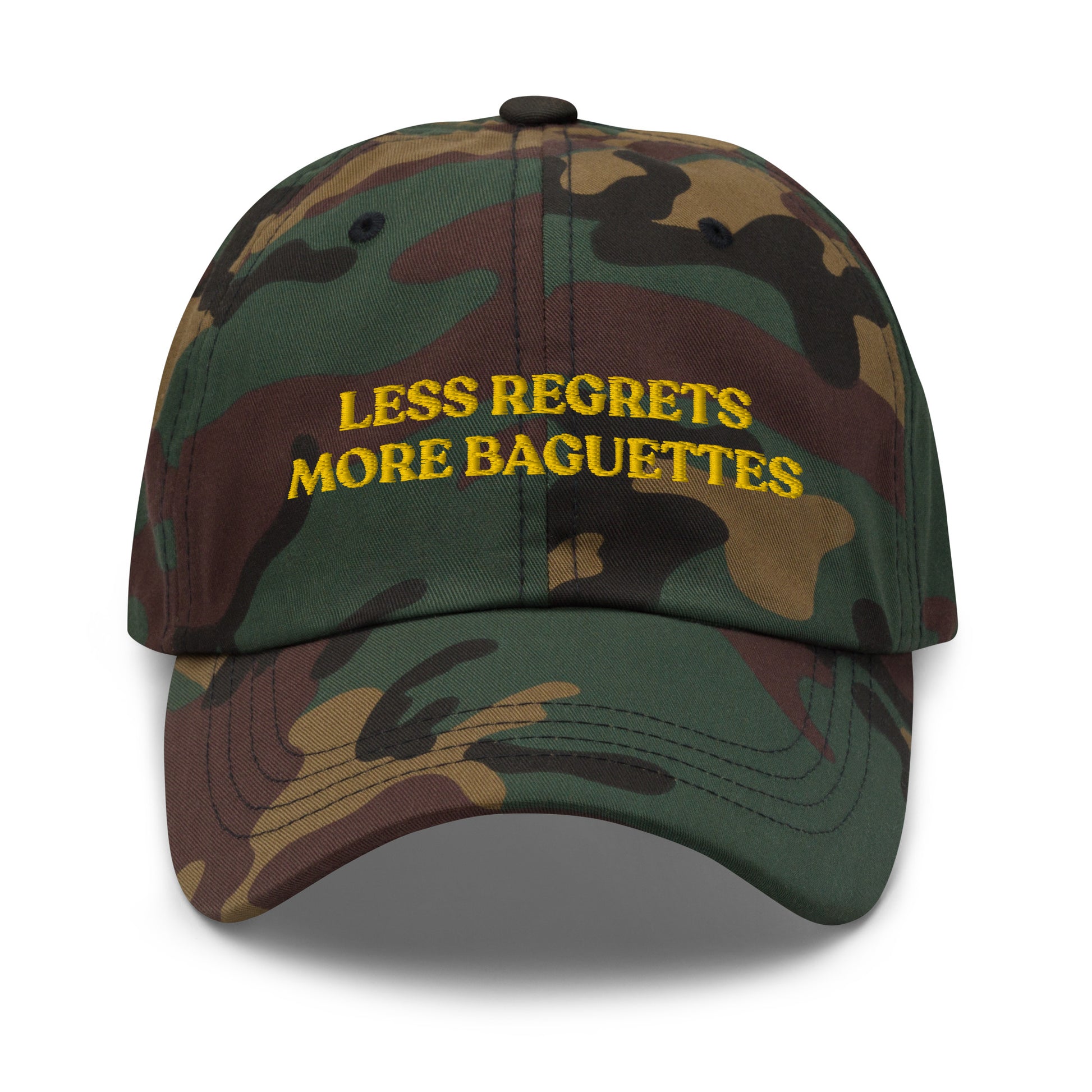 Camo hat with funny saying - Love baguettes? Our funny dad hat might be just what you need. It's a comfortable hat with a funny saying, expertly embroidered on the front. It's sure to have people asking "Where'd you get that hat?" Stand out and make a statement in this baguette lover accessory.