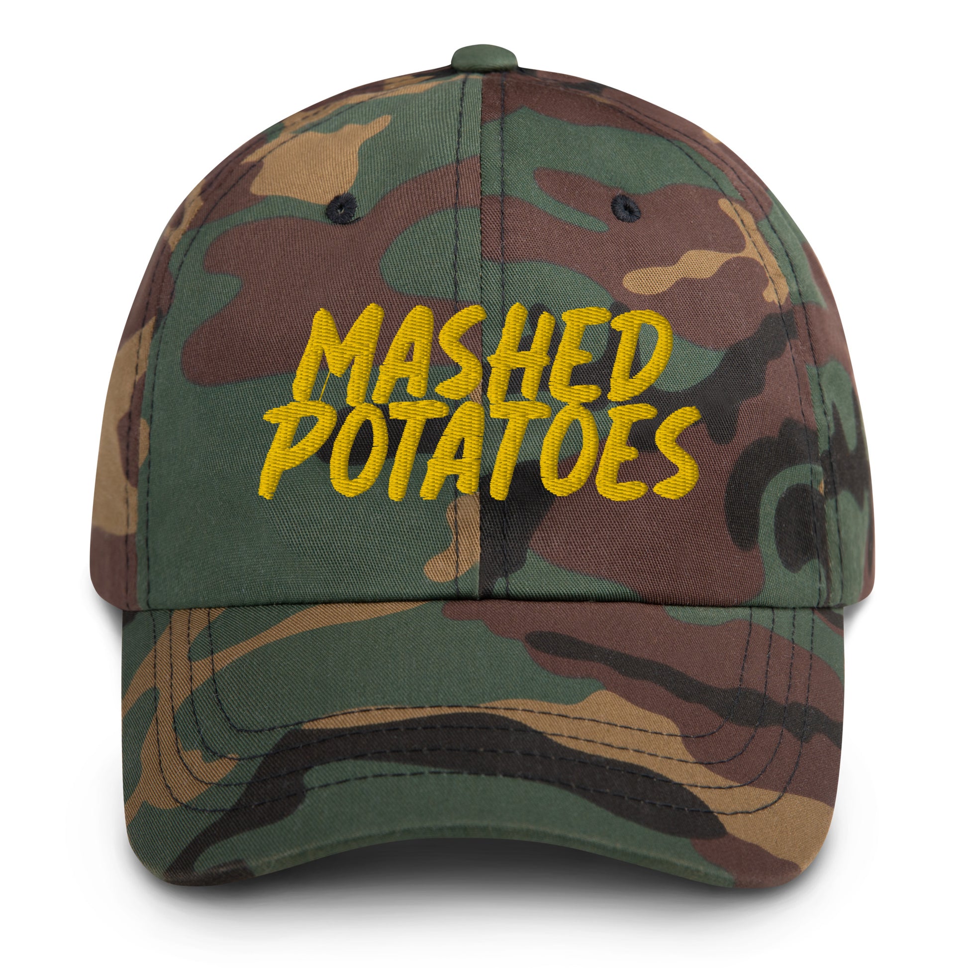 Camo Mashed Potatoes Hat - Love mashed potatoes? Our Mashed Potato Hat is comfortable, adjustable and comes in a variety of colors with "Mashed Potatoes", expertly embroidered just for you. Looking for something personalized? Shoot us a message! 