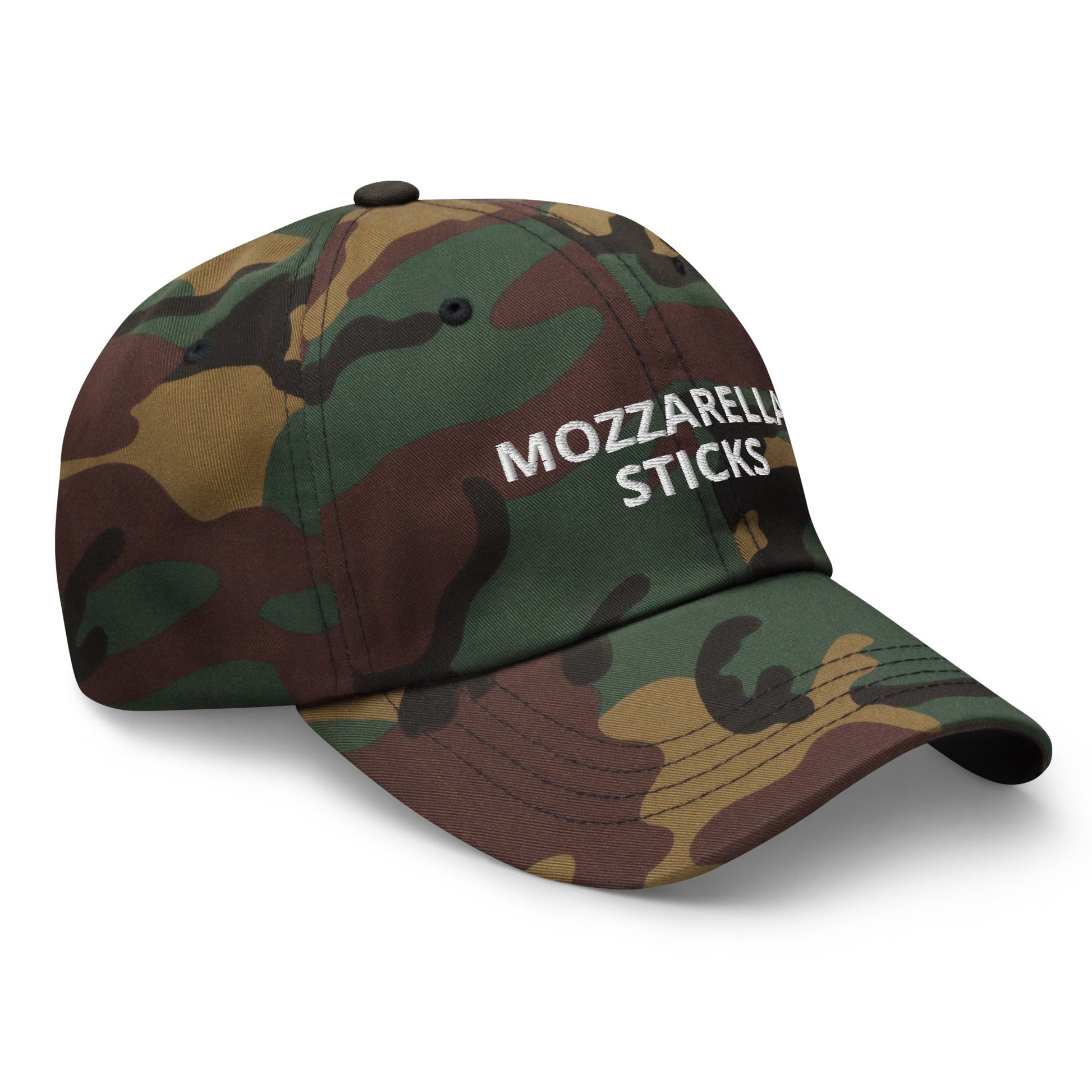 Camo Mozzarella sticks Hat - Love mozzarella sticks? Our Mozzarella Sticks Hat is comfortable, adjustable and made just for you. Eat mozzarella sticks in style or give is as a gift for your favorite cheese loving foodie.