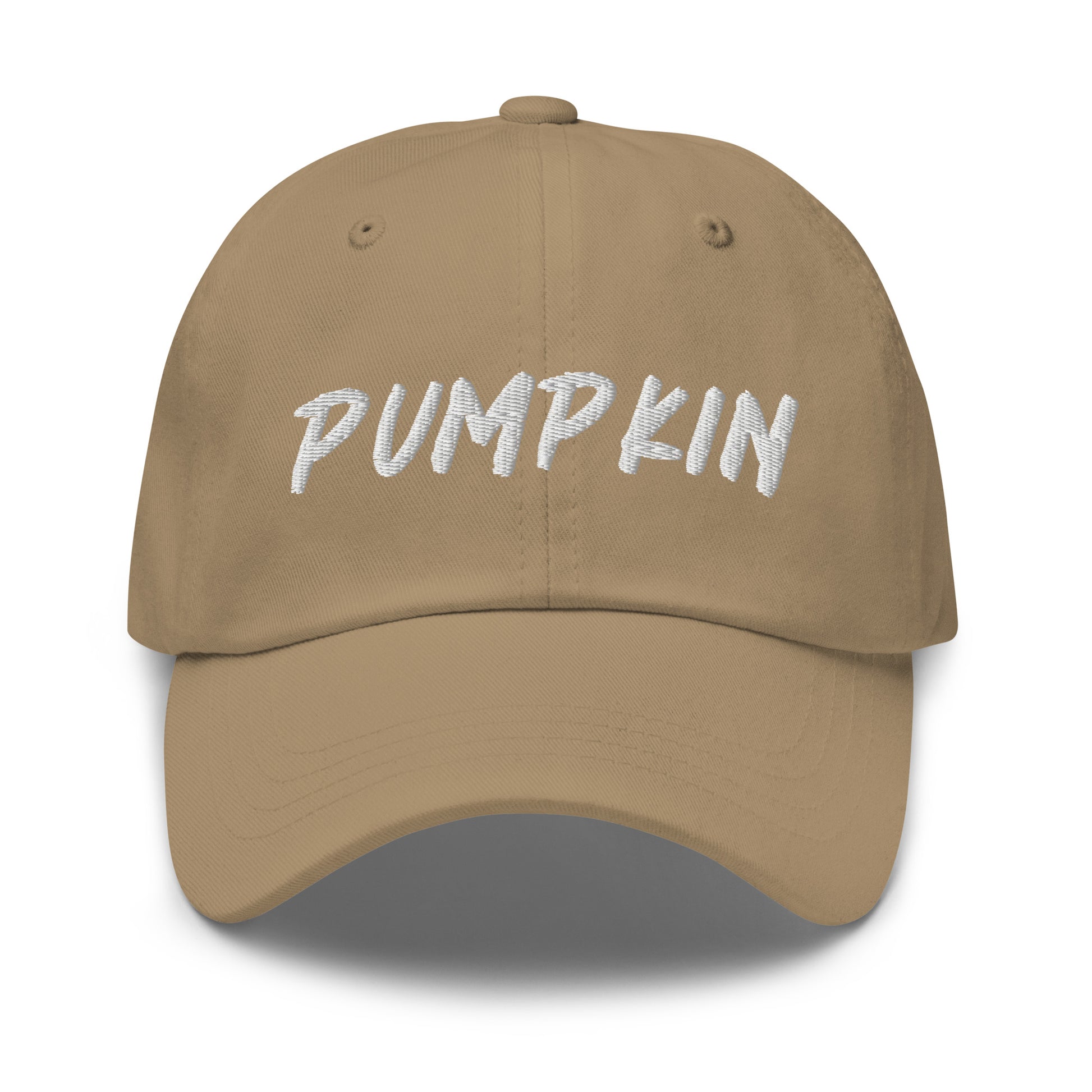 Khaki  pumpkin dad hat from Nina's Funky Shop by ninanush - This pumpkin dad hat is not just for dads! It's a unisex dad hat, embroidered with the word "pumpkin" on the front. A classic dad hat for spooky season enthusiasts and pumpkin lovers of all kinds. Add a little personality to your everyday style with our unique pumpkin hat, designed by Nina and made just for you.