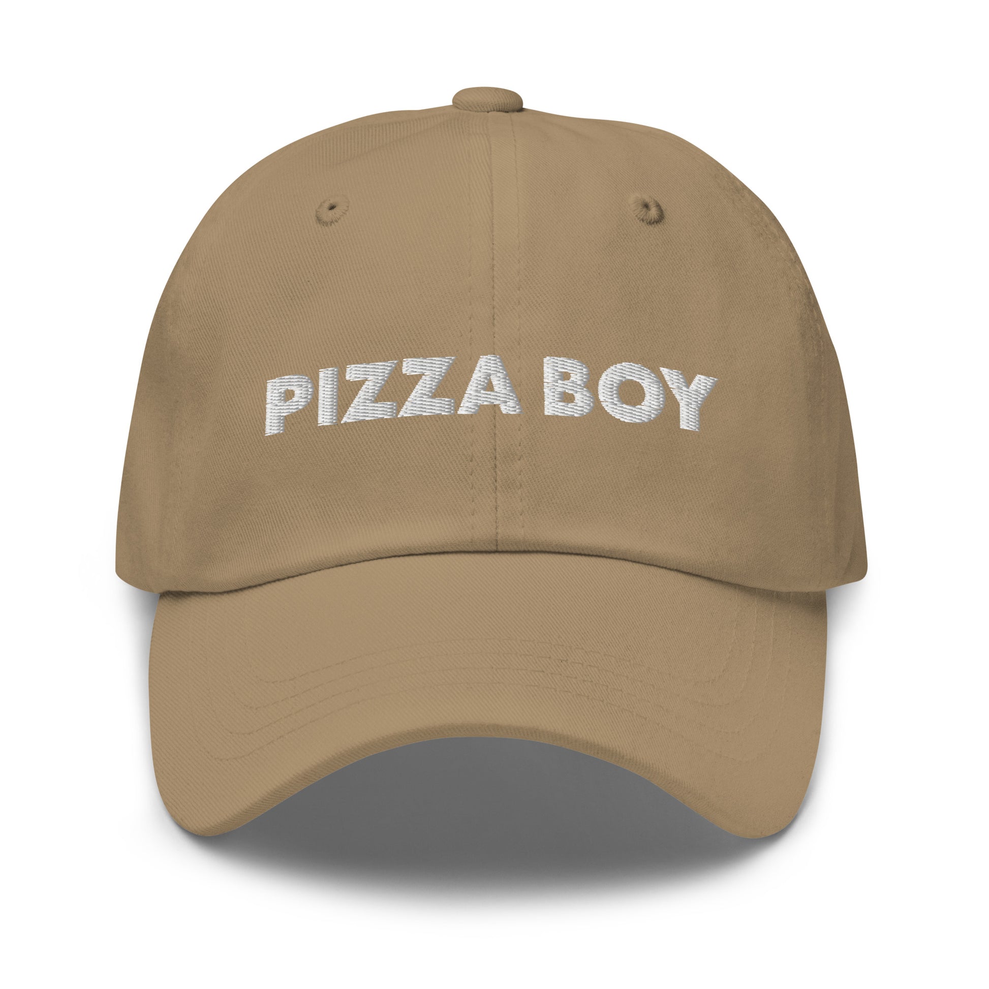 Khaki Pizza Boy Hat - This Pizza Boy Hat is comfortable, comes in a variety of colors and is the perfect accessory for everyday wear. It's a classic cotton dad hat with an adjustable strap and the words "Pizza Boy", expertly embroidered on the front.