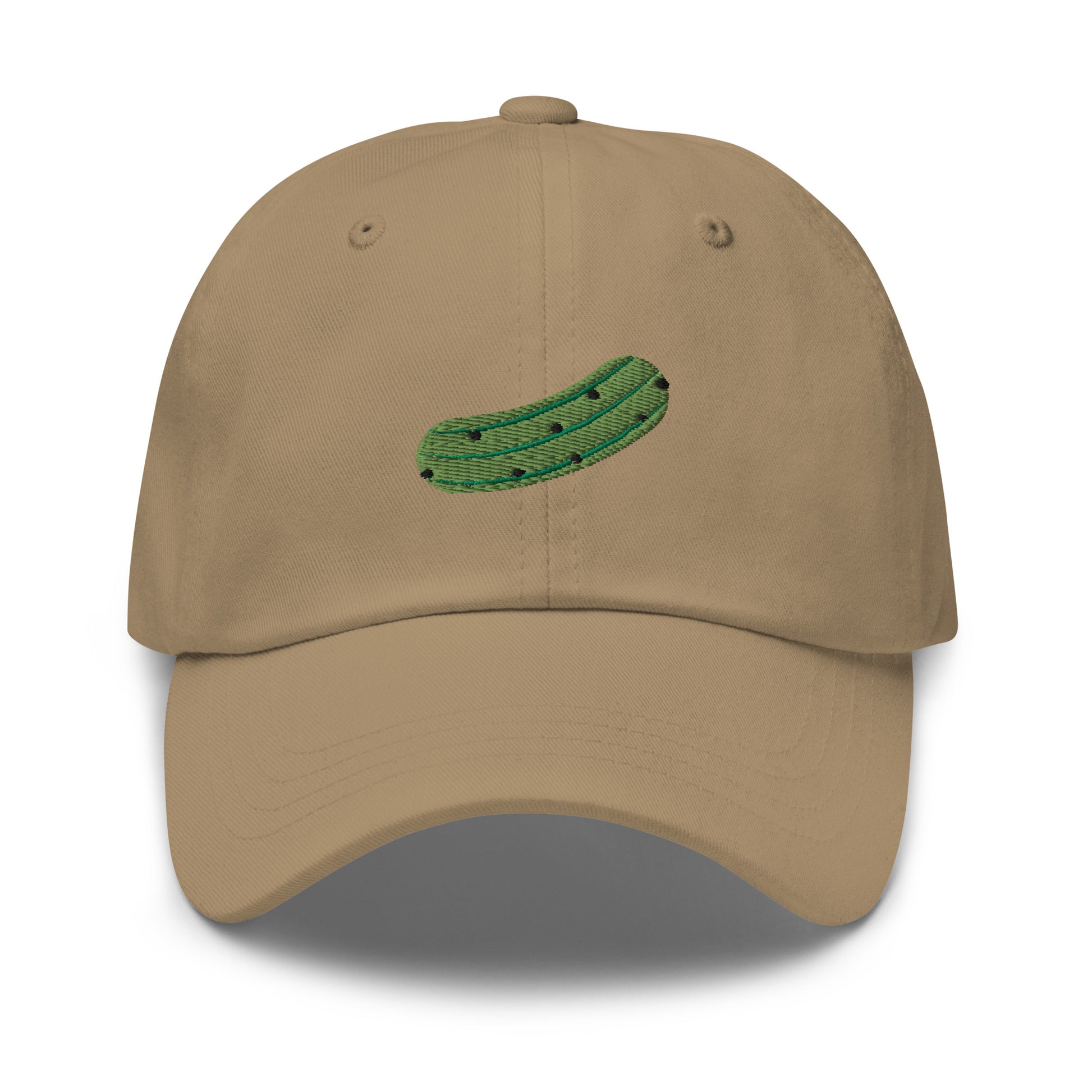 Khaki Pickle Hat - Love pickles? Looking for a funny gift for a pickle friend? This embroidered pickle hat is made of comfortable cotton with an adjustable closure and a green pickle the front. Make a statement and eat your favorite pickles in this funny foodie accessory.