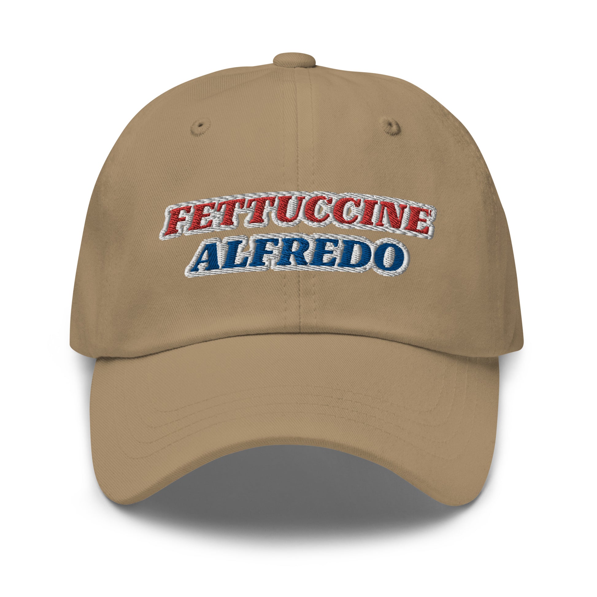 Khaki Fettuccine Alfredo Hat - Make a statement in our red, white and blue Fettuccine Alfredo hat. It's a classic dad hat with a red, white, and blue design, expertly embroidered on the front. Perfect for everyday streetwear or a funny fourth of July hat, it's comfortable and made just for you.