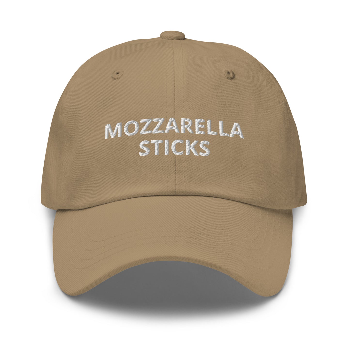 Khaki Mozzarella sticks Hat - Love mozzarella sticks? Our Mozzarella Sticks Hat is comfortable, adjustable and made just for you. Eat mozzarella sticks in style or give is as a gift for your favorite cheese loving foodie.