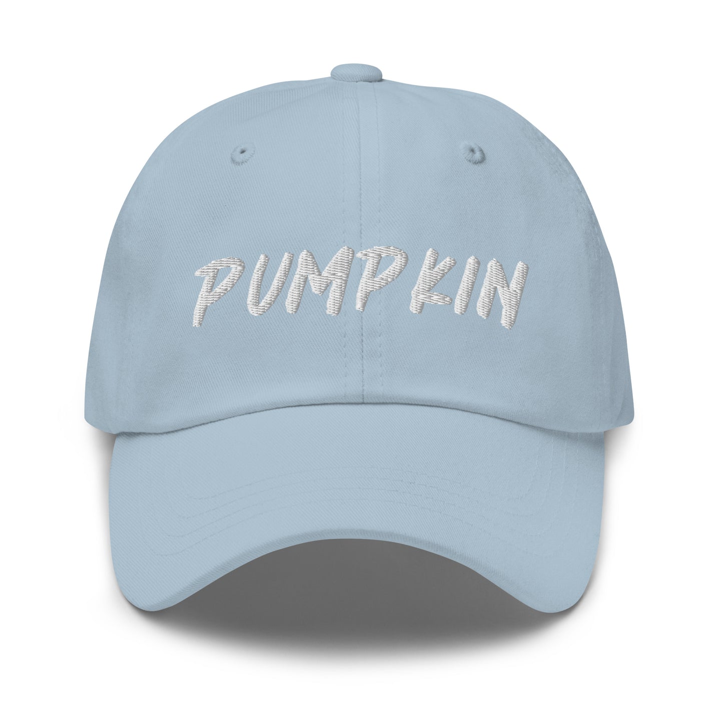 Blue pumpkin dad hat from Nina's Funky Shop by ninanush - This pumpkin dad hat is not just for dads! It's a unisex dad hat, embroidered with the word "pumpkin" on the front. A classic dad hat for spooky season enthusiasts and pumpkin lovers of all kinds. Add a little personality to your everyday style with our unique pumpkin hat, designed by Nina and made just for you.