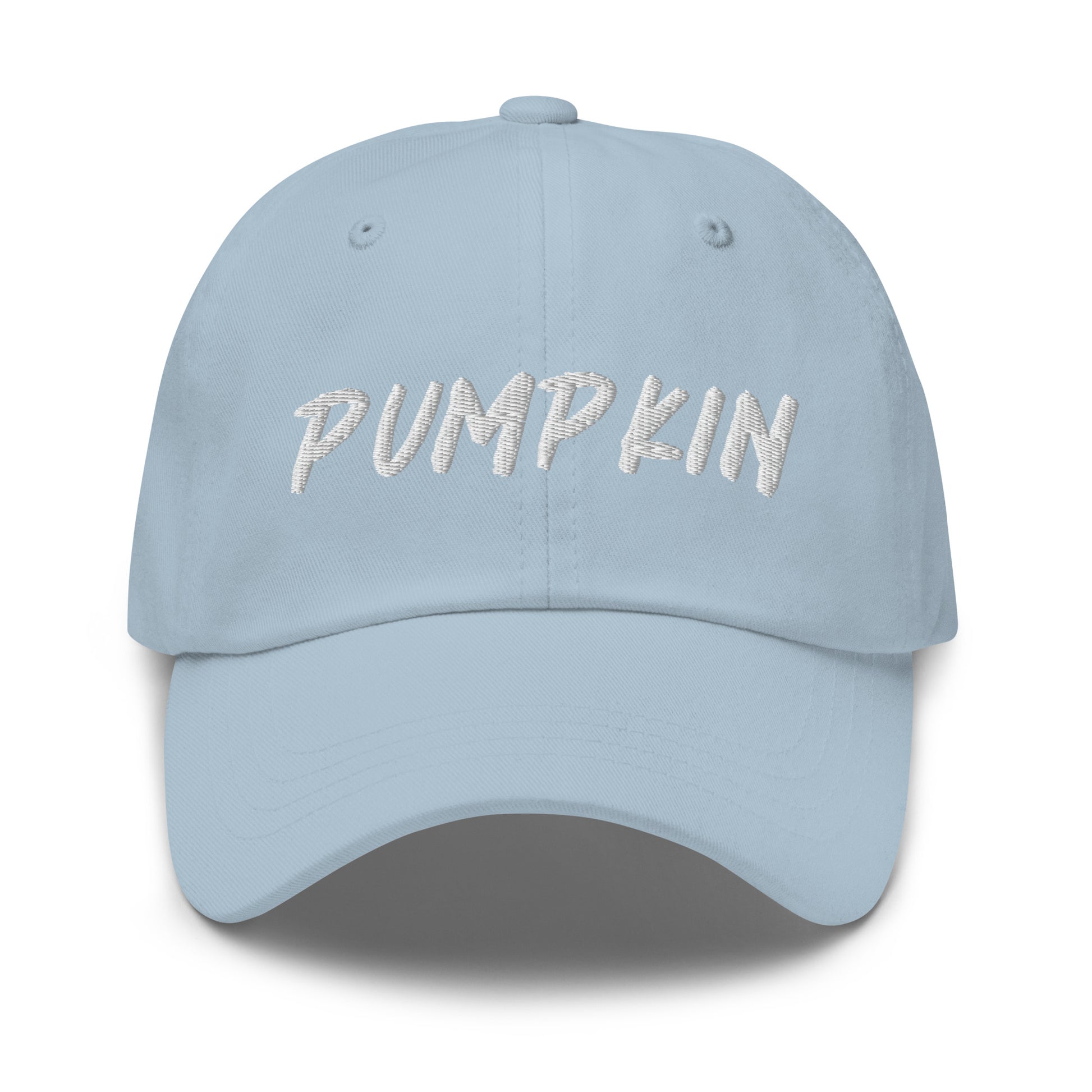 Blue pumpkin dad hat from Nina's Funky Shop by ninanush - This pumpkin dad hat is not just for dads! It's a unisex dad hat, embroidered with the word "pumpkin" on the front. A classic dad hat for spooky season enthusiasts and pumpkin lovers of all kinds. Add a little personality to your everyday style with our unique pumpkin hat, designed by Nina and made just for you.