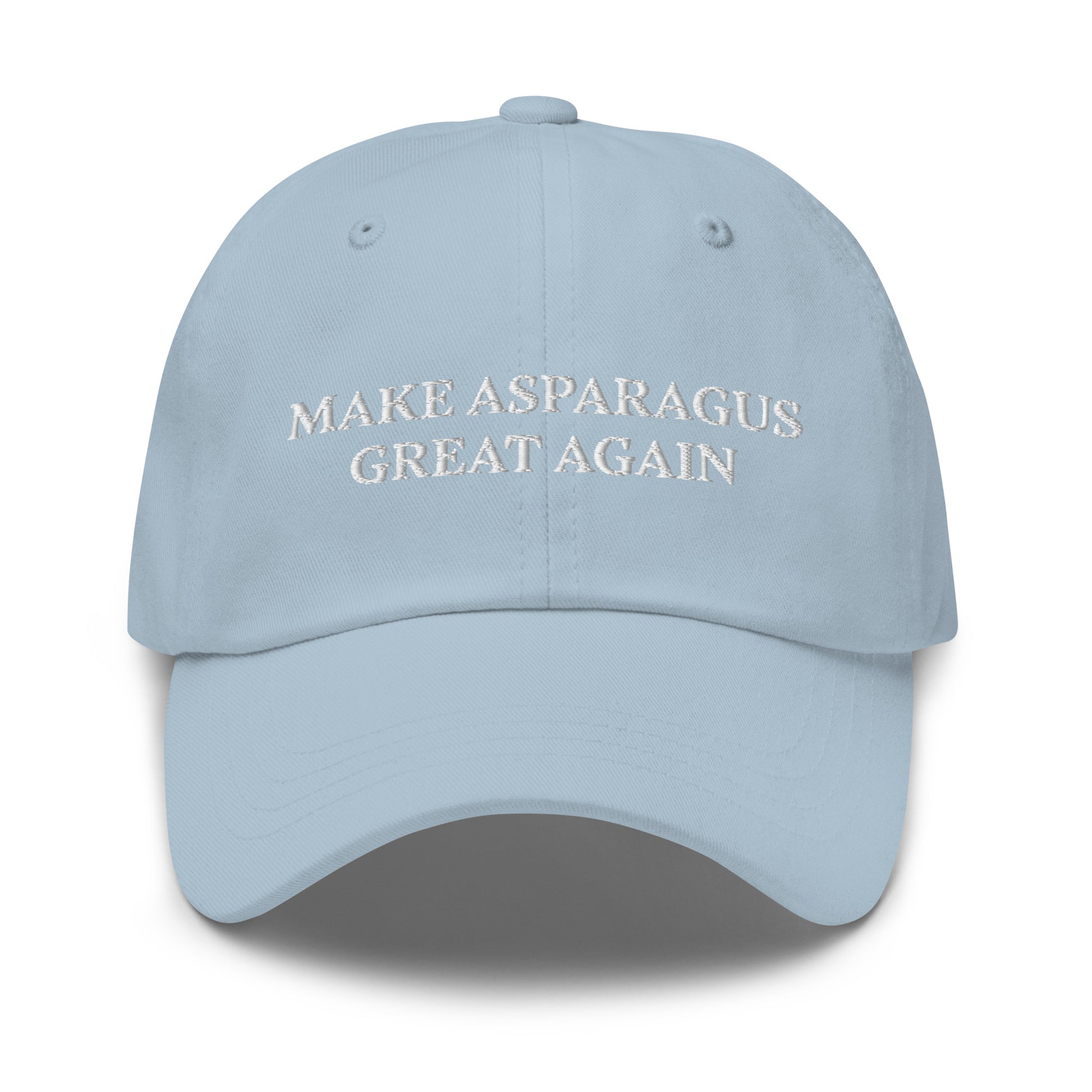 Make Asparagus Great Again Light Blue Sarcastic Maga Dad Hat from Nina's Funky Shop by ninanush - MAKE ASPARAGUS GREAT AGAIN! This dad hat is not just for dads! Our Make Asparagus Great Again Hat is a sarcastic MAGA hat for foodies of all kinds. This classic unisex dad hat has a low profile, adjustable strap, and a curved visor. Wear this embroidered funny MAGA hat and add a little personality to your everyday style.