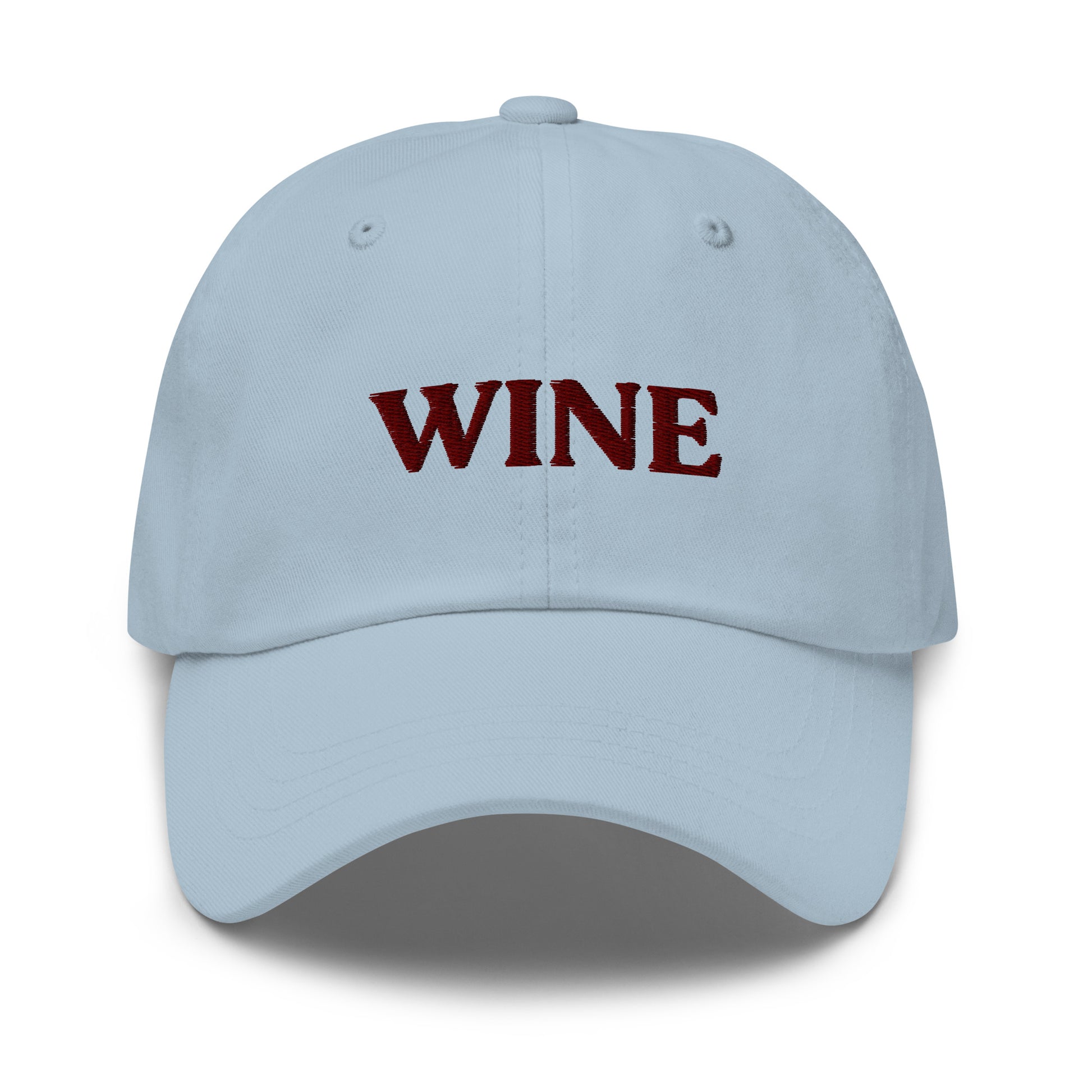 Light Blue Wine Hat - This embroidered wine hat is made of comfortable cotton with an adjustable closure and "wine", expertly embroidered on the front. Make a statement and drink your favorite wine in our funny foodie clothing and accessories. Looking for something personalized? Shoot us an email!