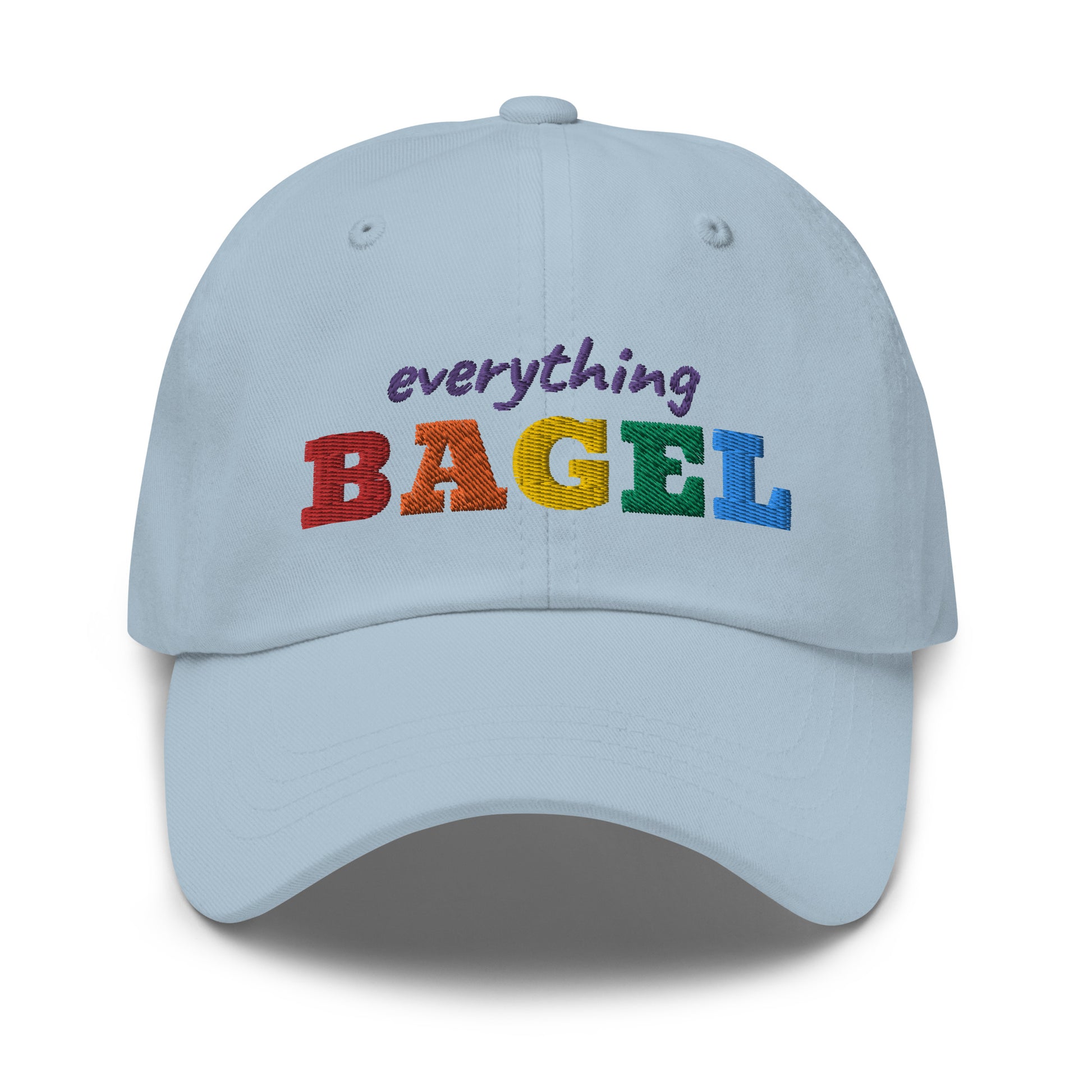 Blue Dad Hat with Pride Design - Our Everything Bagel Pride Dad Hat is comfortable and made of 100% cotton. It's a classic dad hat with a funny rainbow design for pride. Perfect for everyday streetwear, this unique pride hat is sure to turn heads. Looking for something personalized? Shoot us an email!