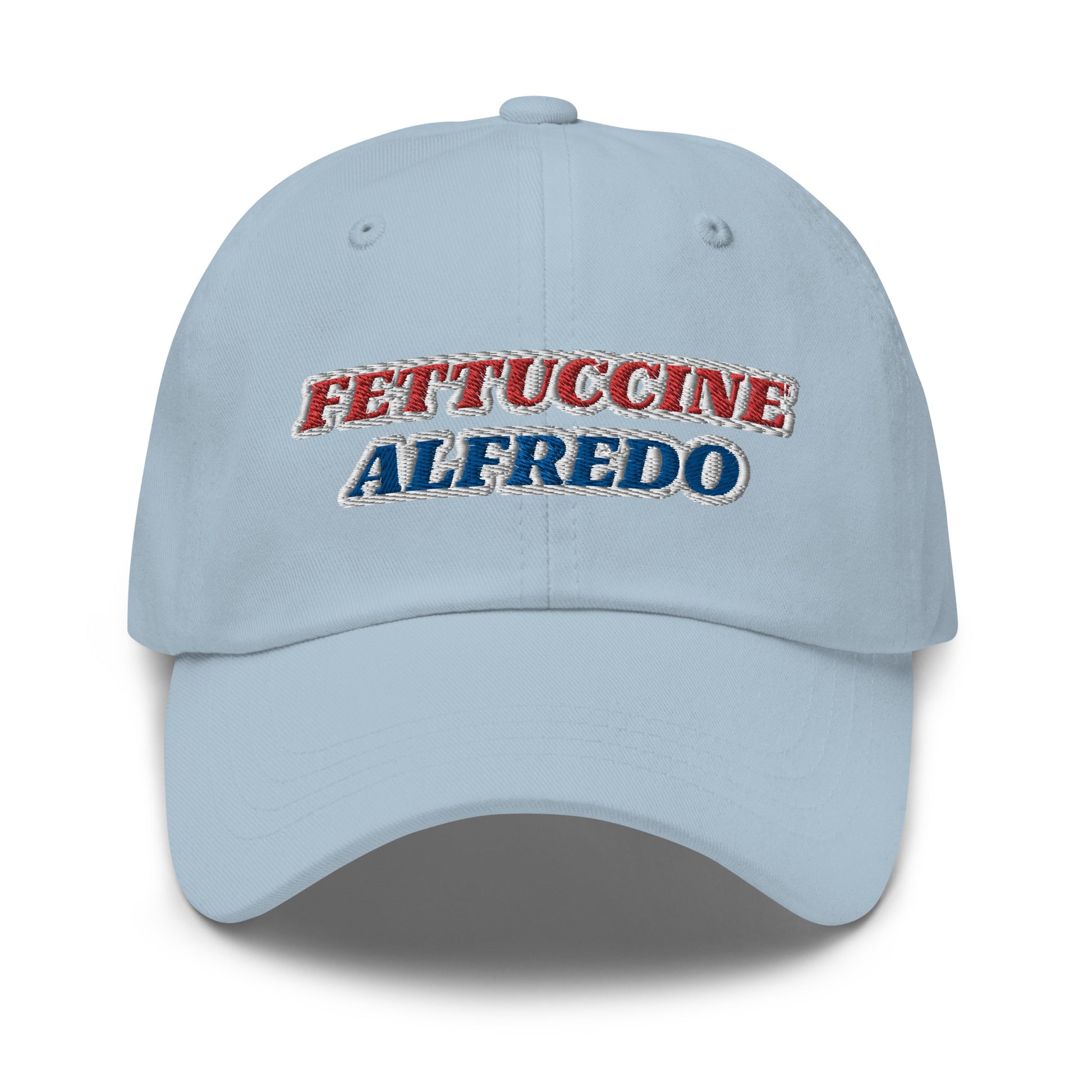 Light Blue Fettuccine Alfredo Hat - Make a statement in our red, white and blue Fettuccine Alfredo hat. It's a classic dad hat with a red, white, and blue design, expertly embroidered on the front. Perfect for everyday streetwear or a funny fourth of July hat, it's comfortable and made just for you.