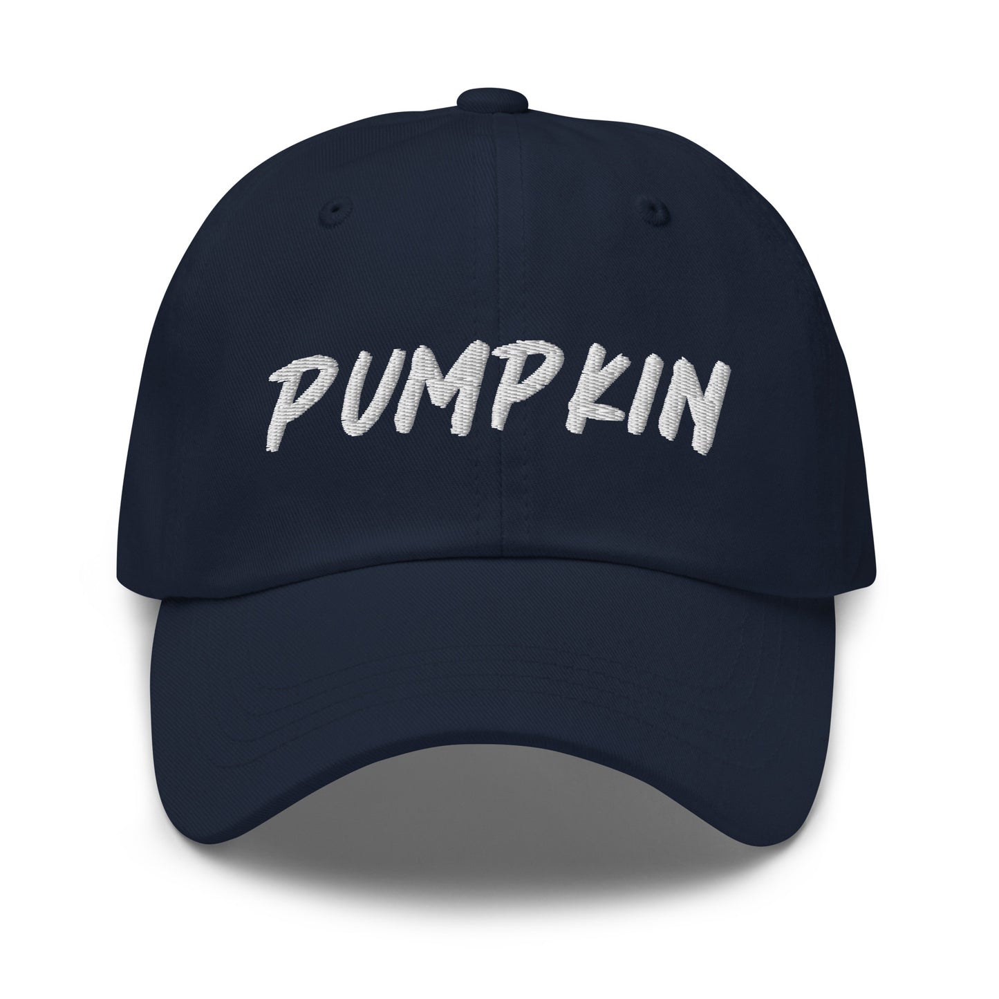 Navy pumpkin dad hat from Nina's Funky Shop by ninanush - This pumpkin dad hat is not just for dads! It's a unisex dad hat, embroidered with the word "pumpkin" on the front. A classic dad hat for spooky season enthusiasts and pumpkin lovers of all kinds. Add a little personality to your everyday style with our unique pumpkin hat, designed by Nina and made just for you.