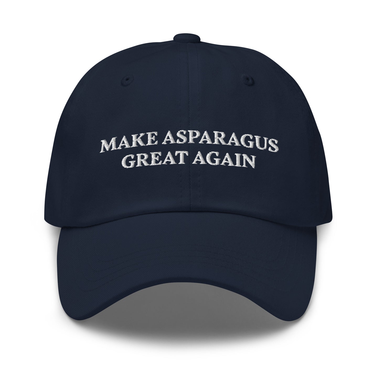 Make Asparagus Great Again Navy Sarcastic Maga Dad Hat from Nina's Funky Shop by ninanush - MAKE ASPARAGUS GREAT AGAIN! This dad hat is not just for dads! Our Make Asparagus Great Again Hat is a sarcastic MAGA hat for foodies of all kinds. This classic unisex dad hat has a low profile, adjustable strap, and a curved visor. Wear this embroidered funny MAGA hat and add a little personality to your everyday style.