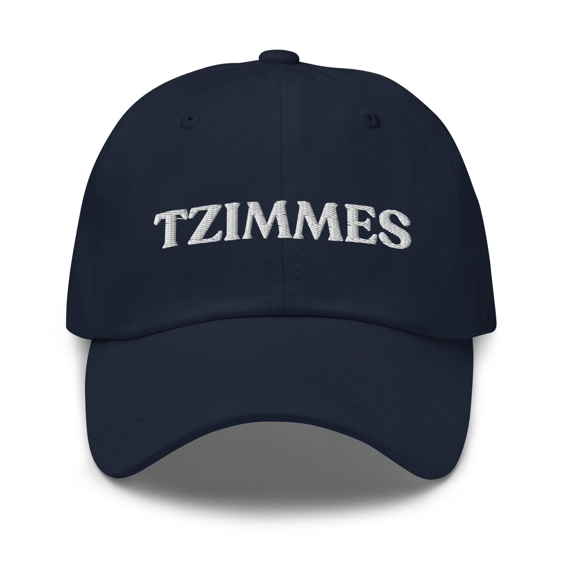 Navy Funny Passover Tzimmes Hat - This embroidered Tzimmes Hat is made of comfortable cotton with an adjustable closure and the word "Tzimmes", expertly embroidered on the front. Make a statement and eat your favorite traditional foods in our funny foodie clothing and accessories. This hat is customizable! Just add your custom text and create your new favorite dad hat, right here with us!