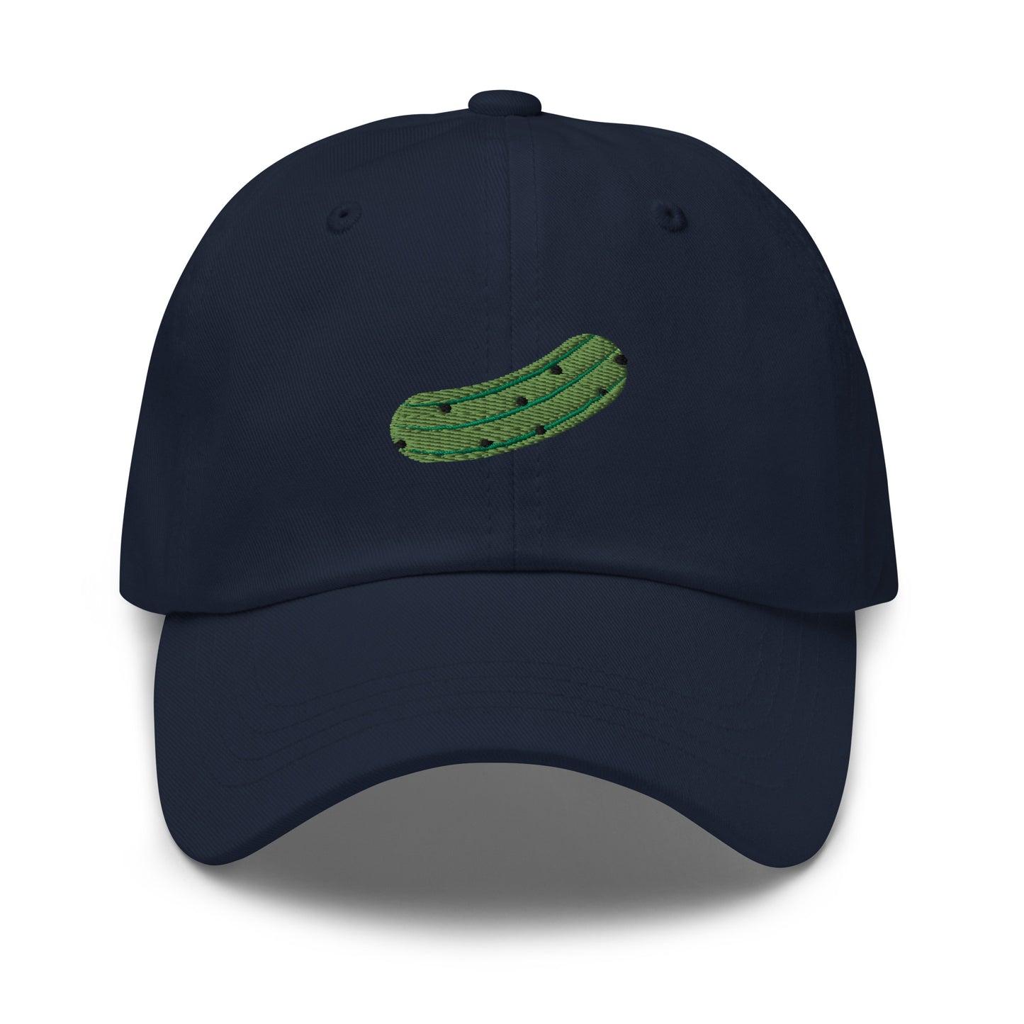 Navy Pickle Hat - Love pickles? Looking for a funny gift for a pickle friend? This embroidered pickle hat is made of comfortable cotton with an adjustable closure and a green pickle the front. Make a statement and eat your favorite pickles in this funny foodie accessory.