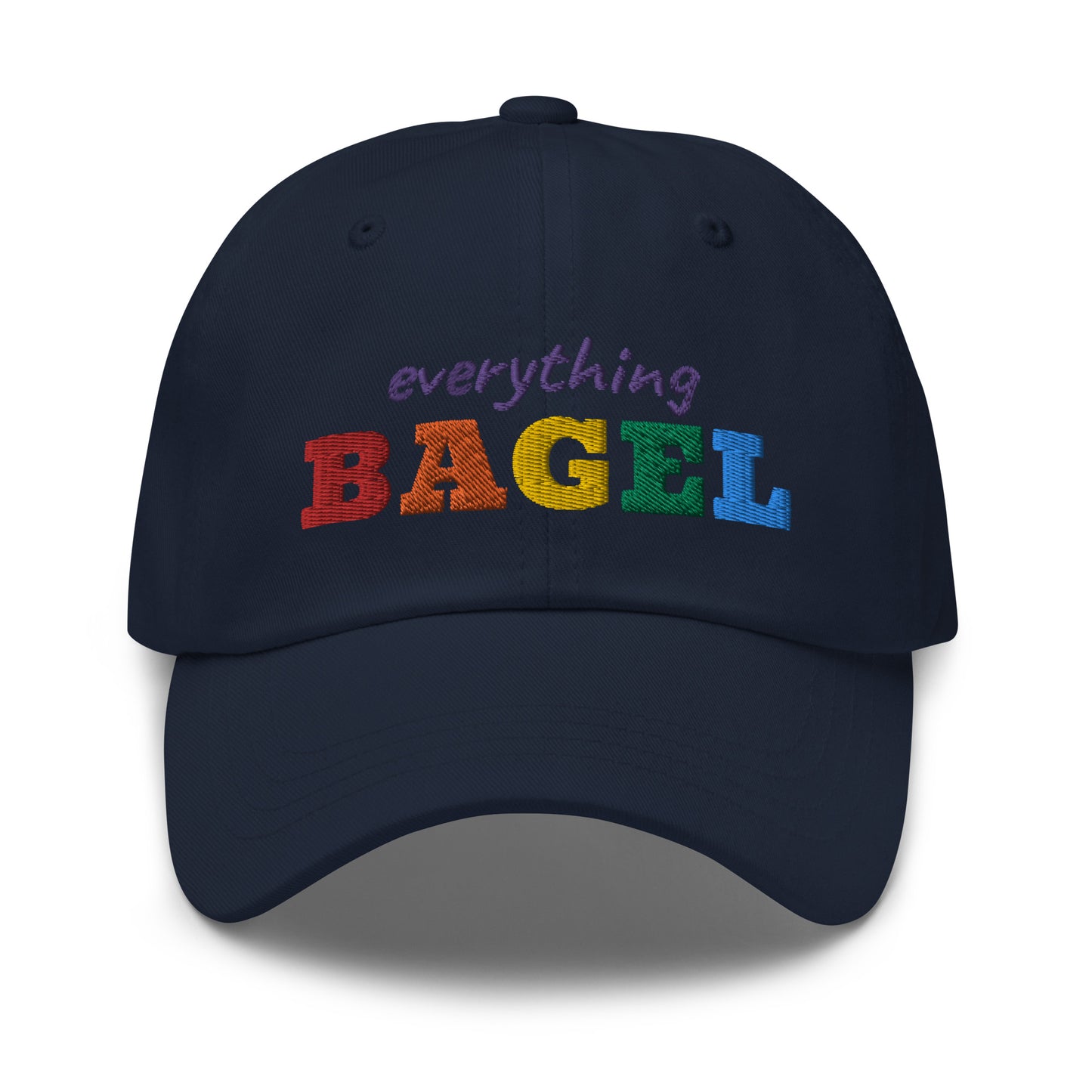 Navy Dad Hat with Pride Design - Our Everything Bagel Pride Dad Hat is comfortable and made of 100% cotton. It's a classic dad hat with a funny rainbow design for pride. Perfect for everyday streetwear, this unique pride hat is sure to turn heads. Looking for something personalized? Shoot us an email!