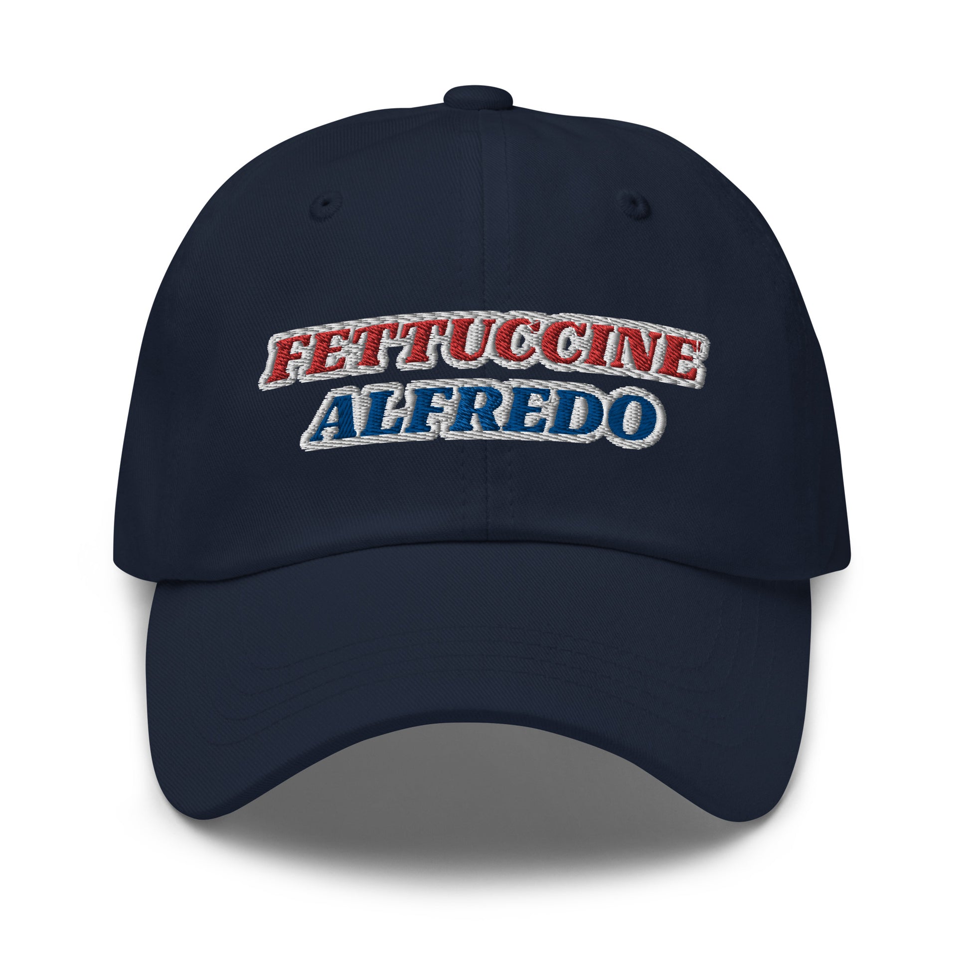 Navy Fettuccine Alfredo Hat - Make a statement in our red, white and blue Fettuccine Alfredo hat. It's a classic dad hat with a red, white, and blue design, expertly embroidered on the front. Perfect for everyday streetwear or a funny fourth of July hat, it's comfortable and made just for you.