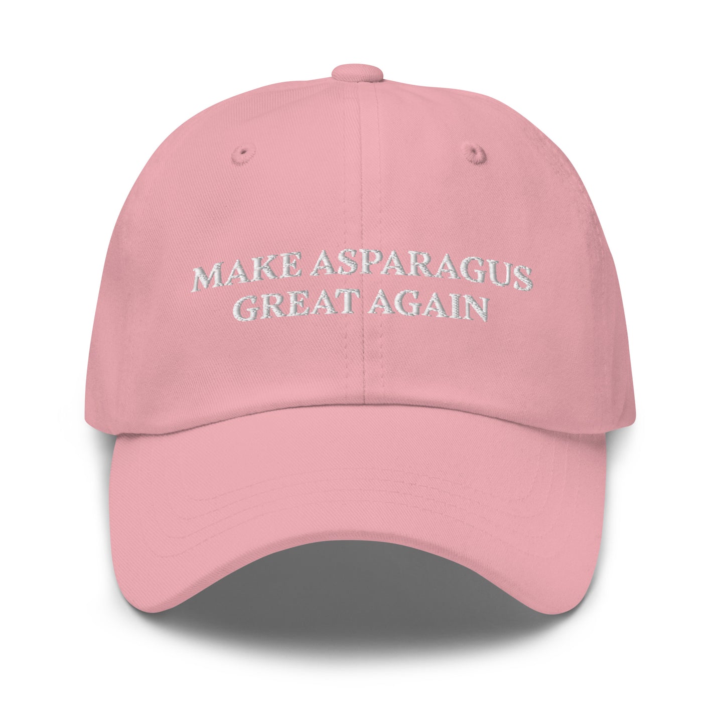 Make Asparagus Great Again Pink  Sarcastic Maga Dad Hat from Nina's Funky Shop by ninanush - MAKE ASPARAGUS GREAT AGAIN! This dad hat is not just for dads! Our Make Asparagus Great Again Hat is a sarcastic MAGA hat for foodies of all kinds. This classic unisex dad hat has a low profile, adjustable strap, and a curved visor. Wear this embroidered funny MAGA hat and add a little personality to your everyday style.