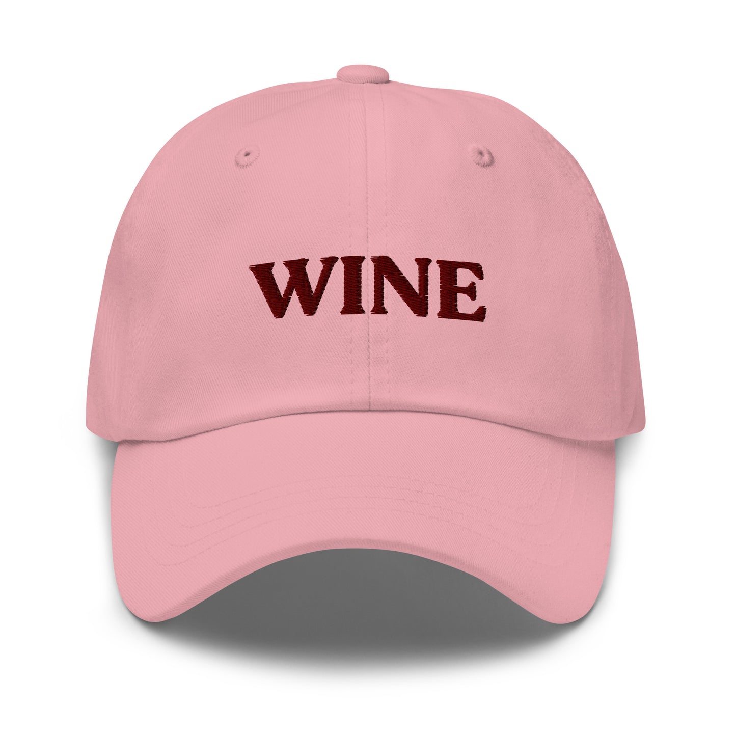 Pink Wine Hat - This embroidered wine hat is made of comfortable cotton with an adjustable closure and "wine", expertly embroidered on the front. Make a statement and drink your favorite wine in our funny foodie clothing and accessories. Looking for something personalized? Shoot us an email!